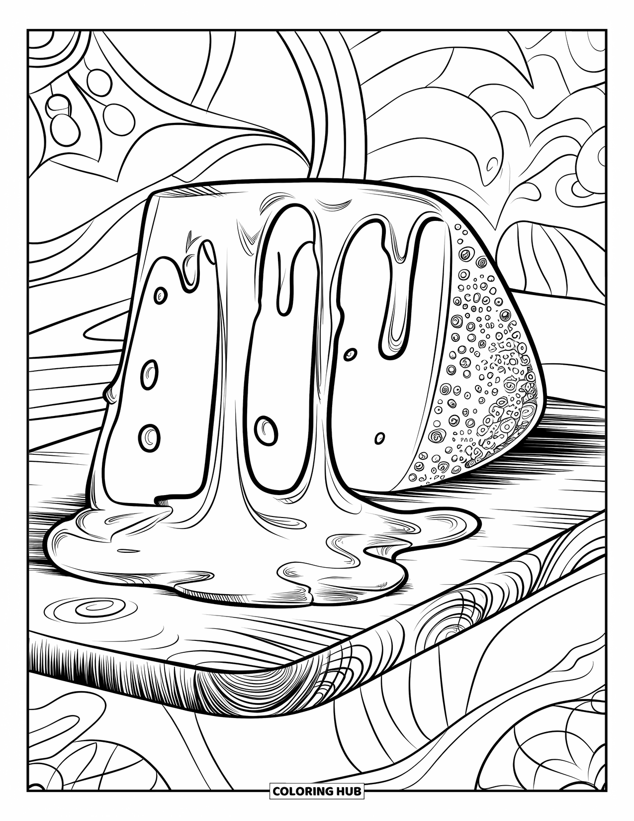 Kaas Kleurplaat voor Volwassenen: Een visueel opvallende illustratie van smeltende kaas met vloeiende druppels en decoratieve achtergronddetails