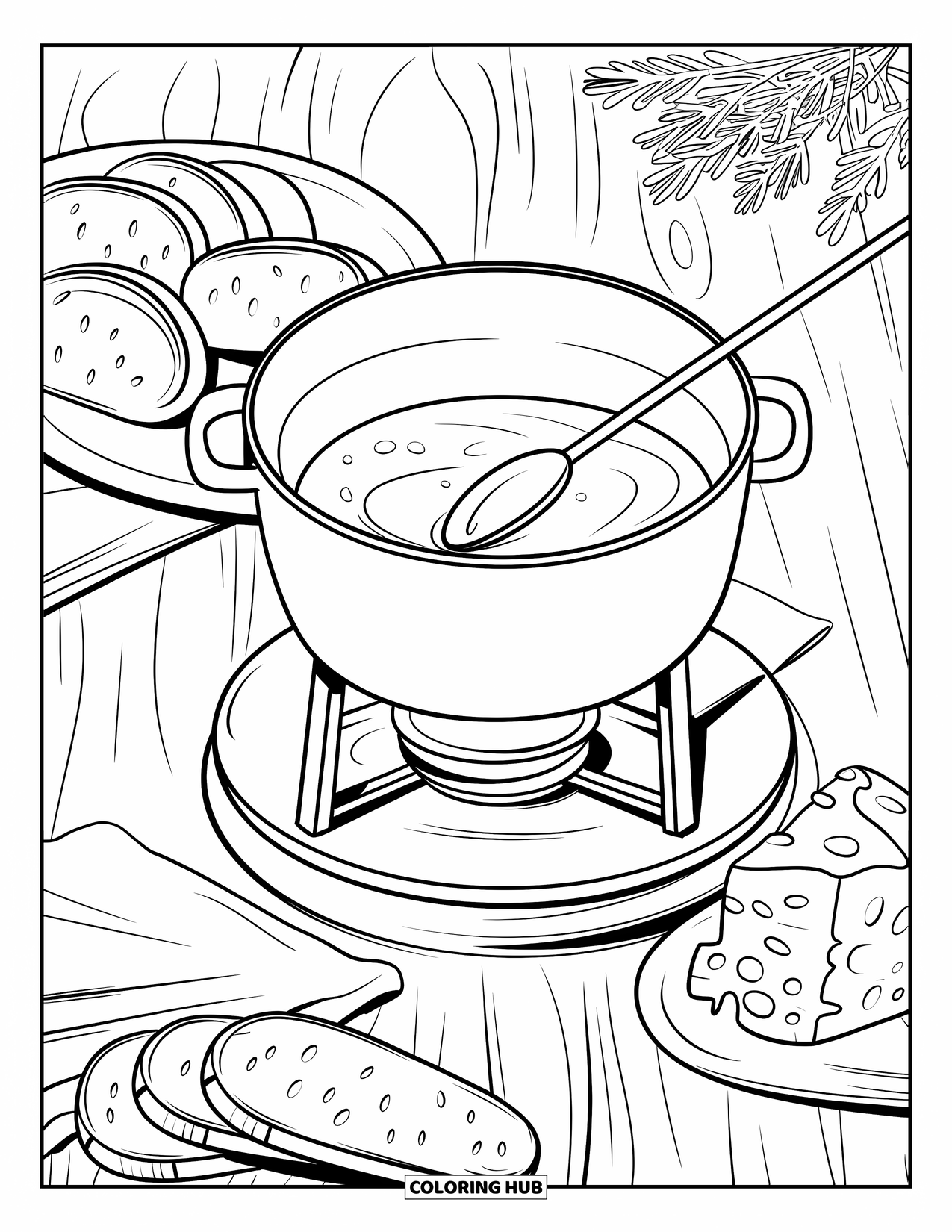 Kaas Kleurplaat voor Volwassenen: Een warme kaasfondue scène met een pan, brood en een charmante houten achtergrond