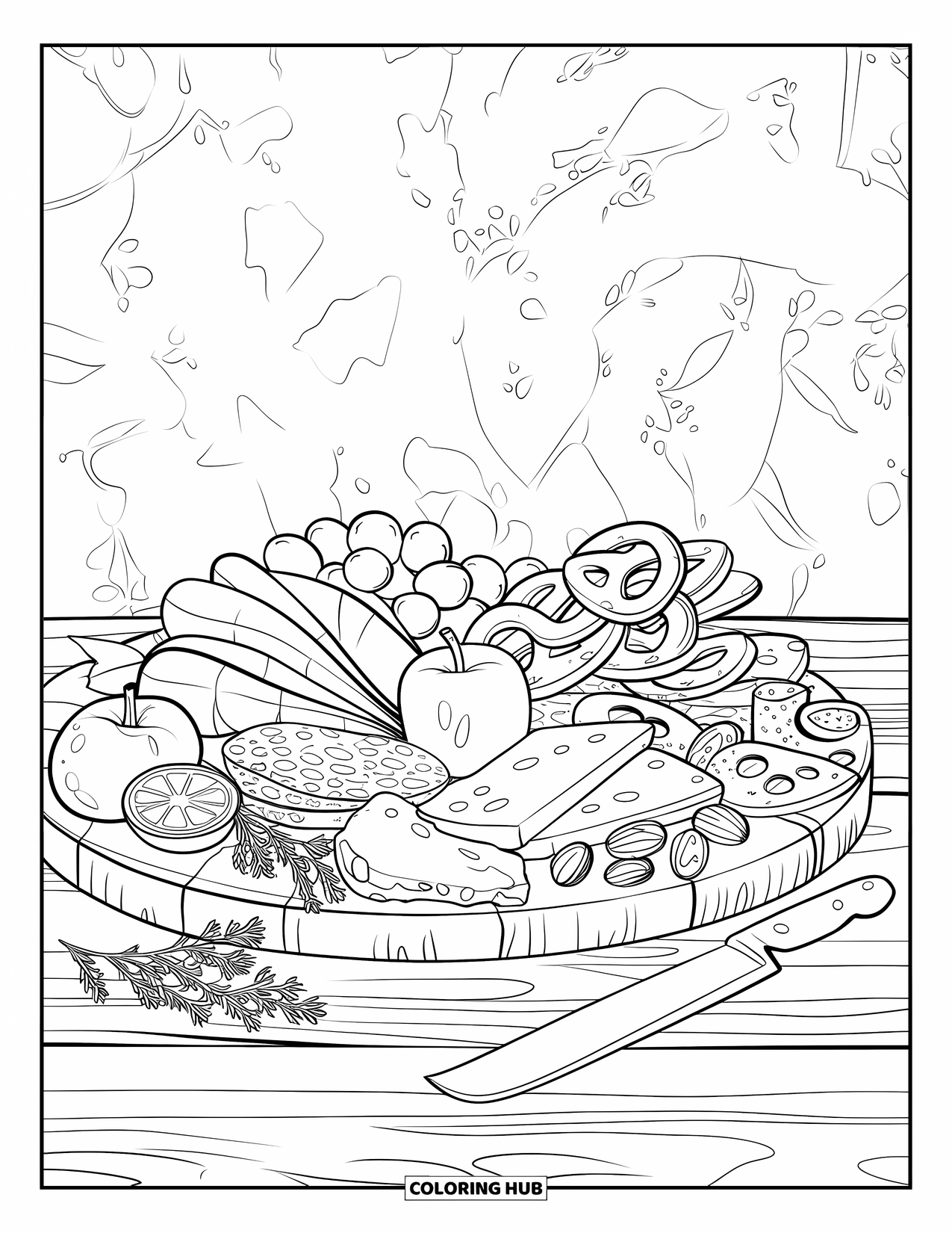 Kaas Kleurplaat voor Volwassenen: Een uitgebreide charcuterie spread met vleeswaren, kazen, fruit, noten en een decoratieve houten achtergrond