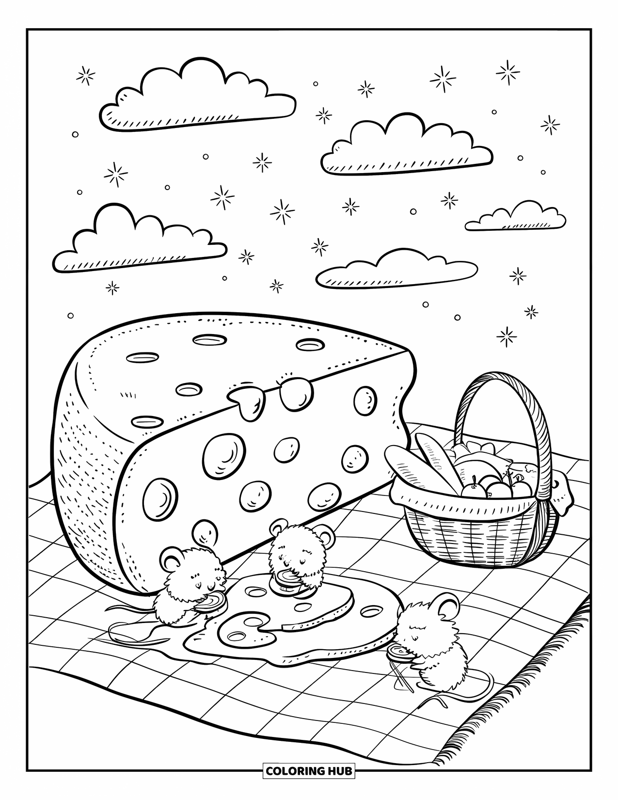 Kaas Kleurplaat voor Volwassenen: Pluizige muizen knabbelen aan kaas tijdens een picknick met een groot stuk kaas en zachte wolken