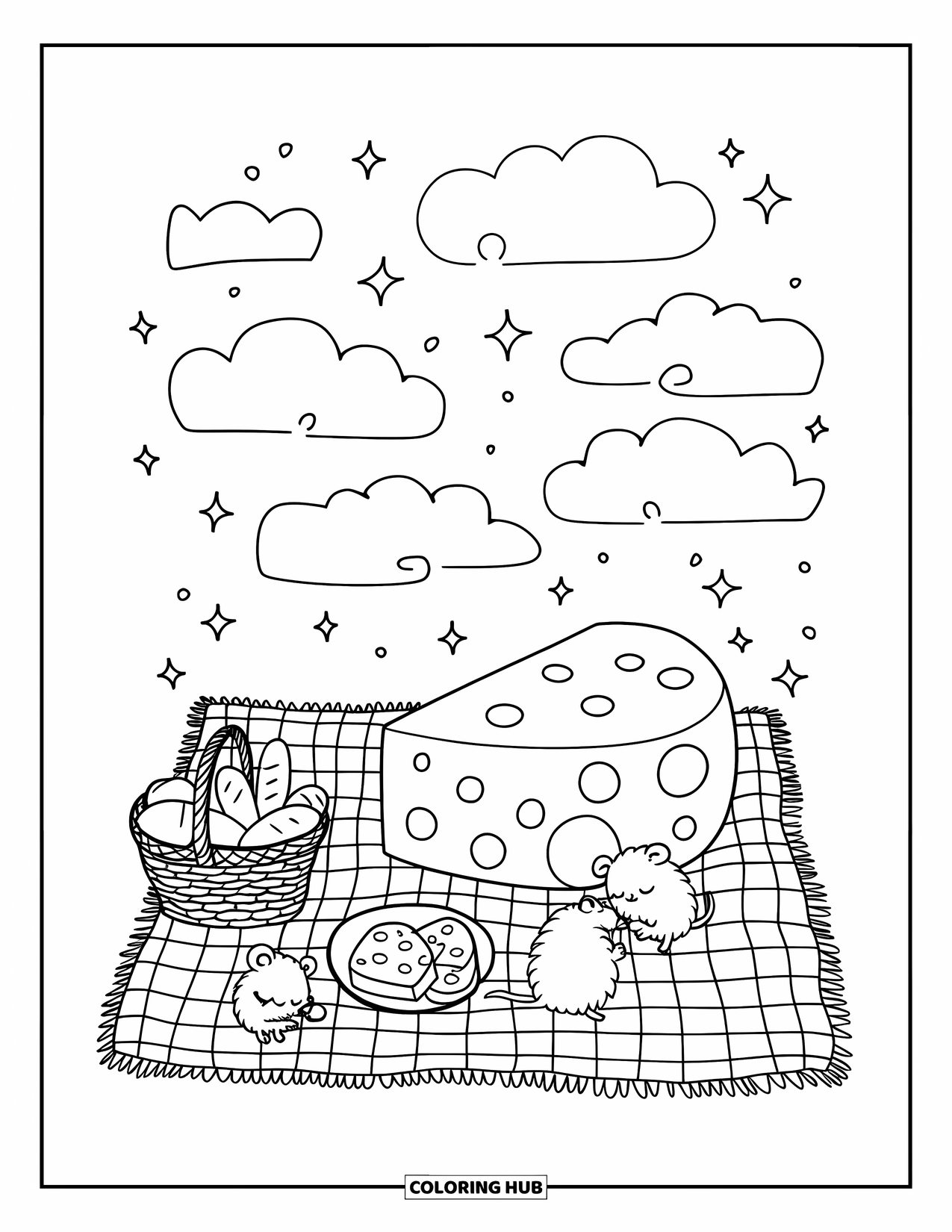 Kaas Kleurplaat voor Volwassenen: Pluizige muizen snacken op kaas tijdens een picknick met een groot stuk kaas en een sprankelende lucht