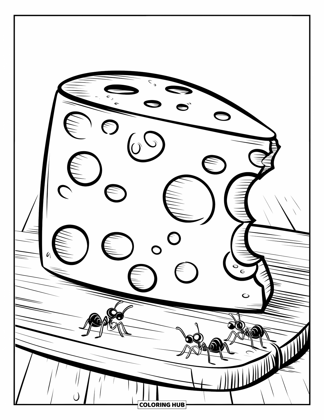 Kaas Kleurplaat voor Kinderen: Een aangevreten blok kaas met kleine mieren die in de buurt kruipen