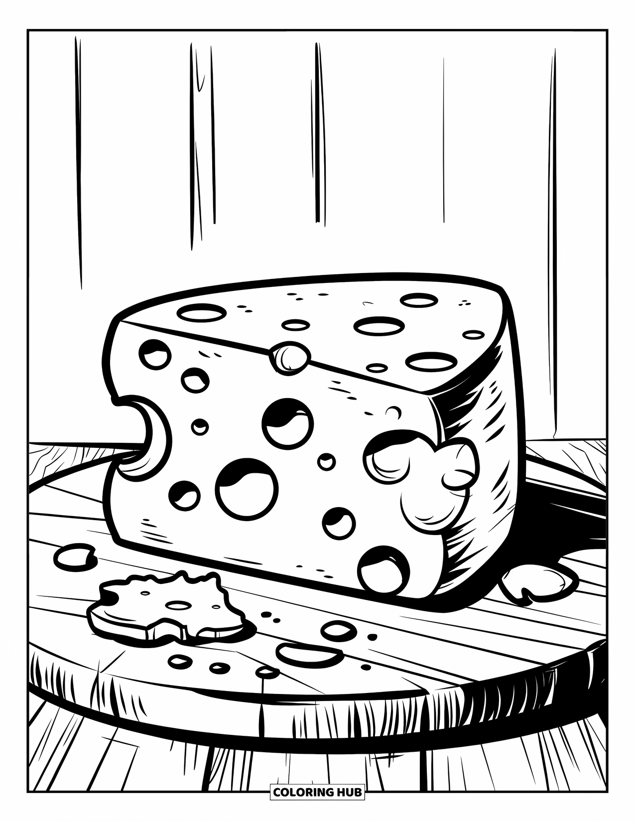 Kaas Kleurplaat voor Kinderen: Een blok kaas waar een klein hapje uit is genomen, liggend op een houten plank