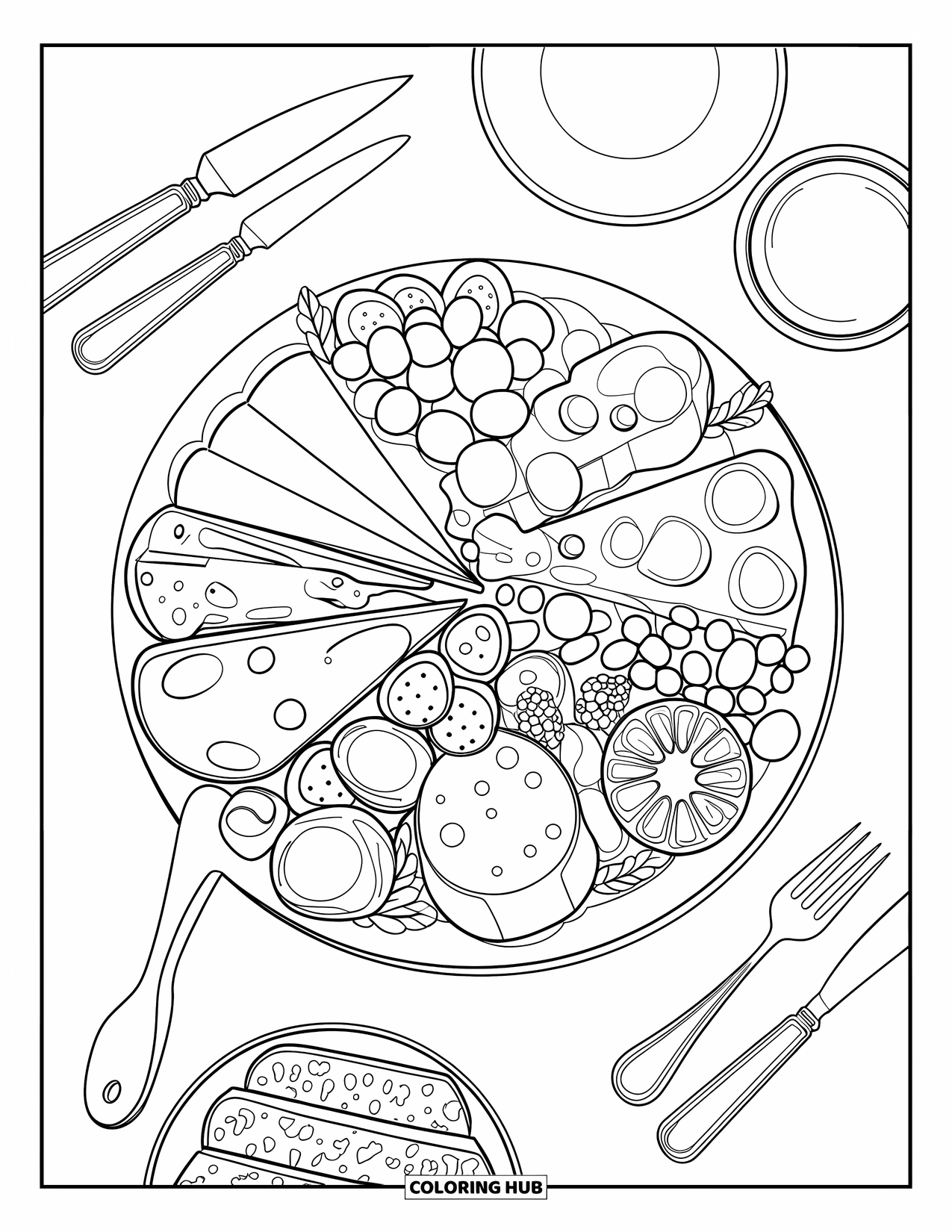Kaas Kleurplaat voor Kinderen: Een charcuterieplank gevuld met kazen, vleeswaren en fruit op een rustieke houten plank