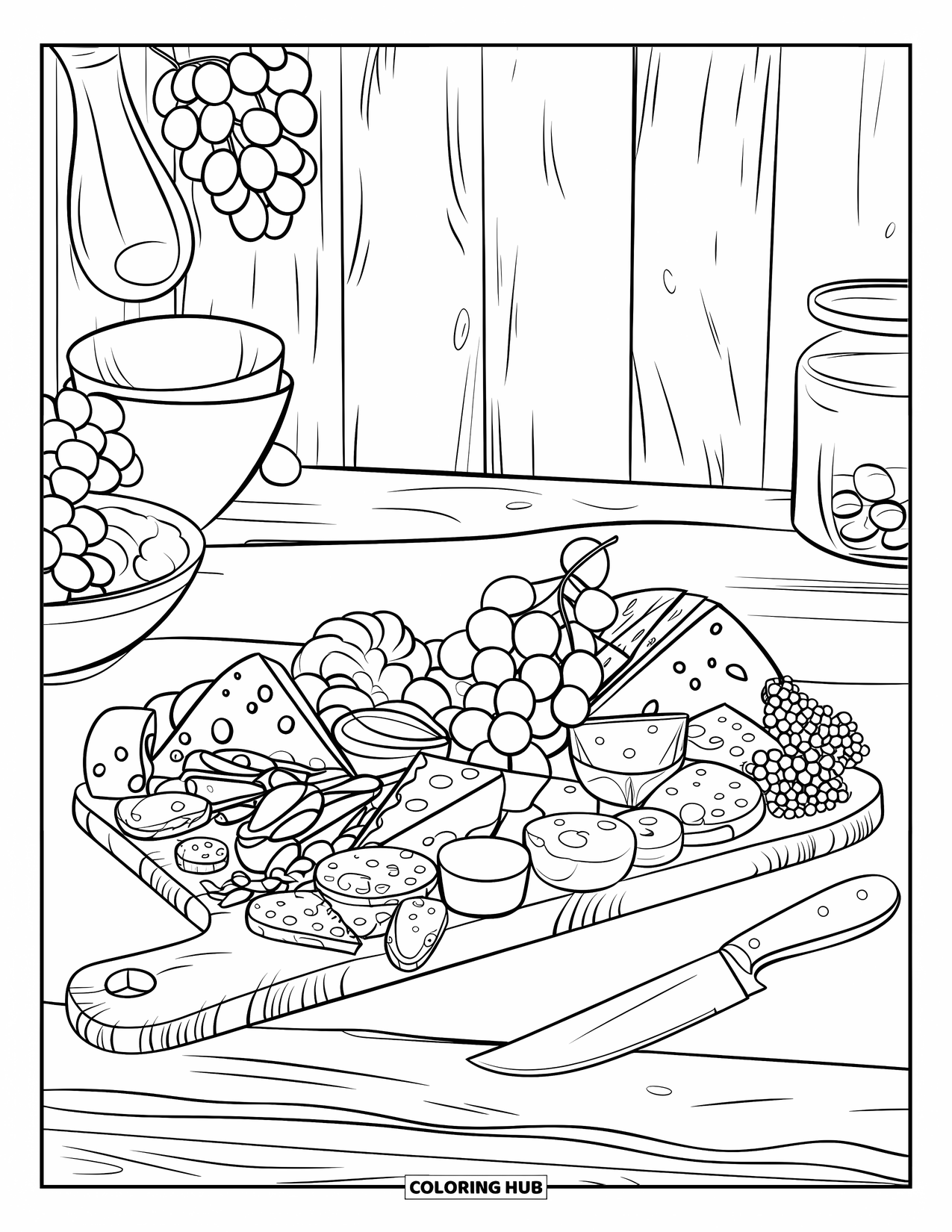 Kaas Kleurplaat voor Kinderen: Een charcuterieplank met diverse kazen en vleeswaren, tegen een rustieke achtergrond