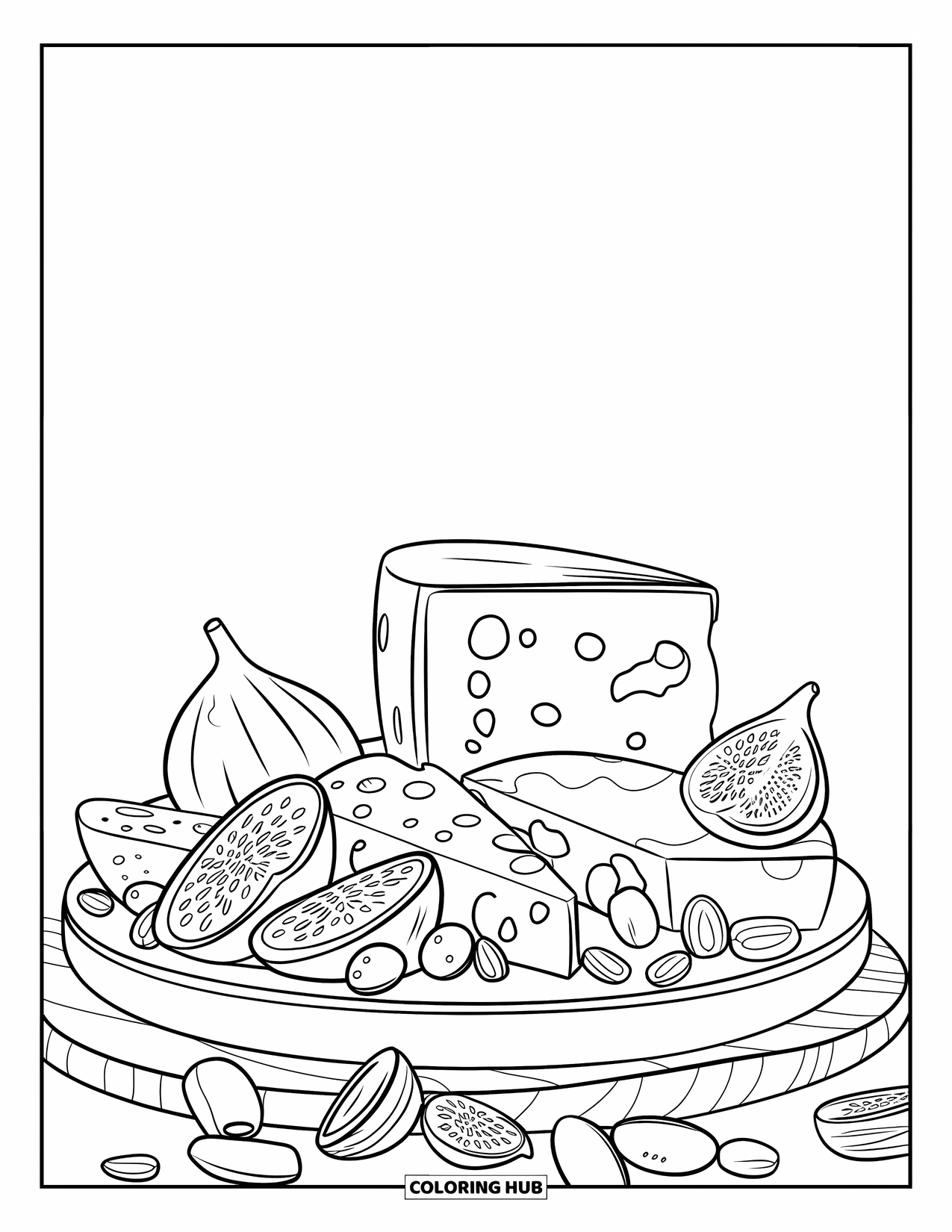Kaas Kleurplaat voor Kinderen: Een kaasplank met vijgen, olijven, noten en een assortiment fijne kazen