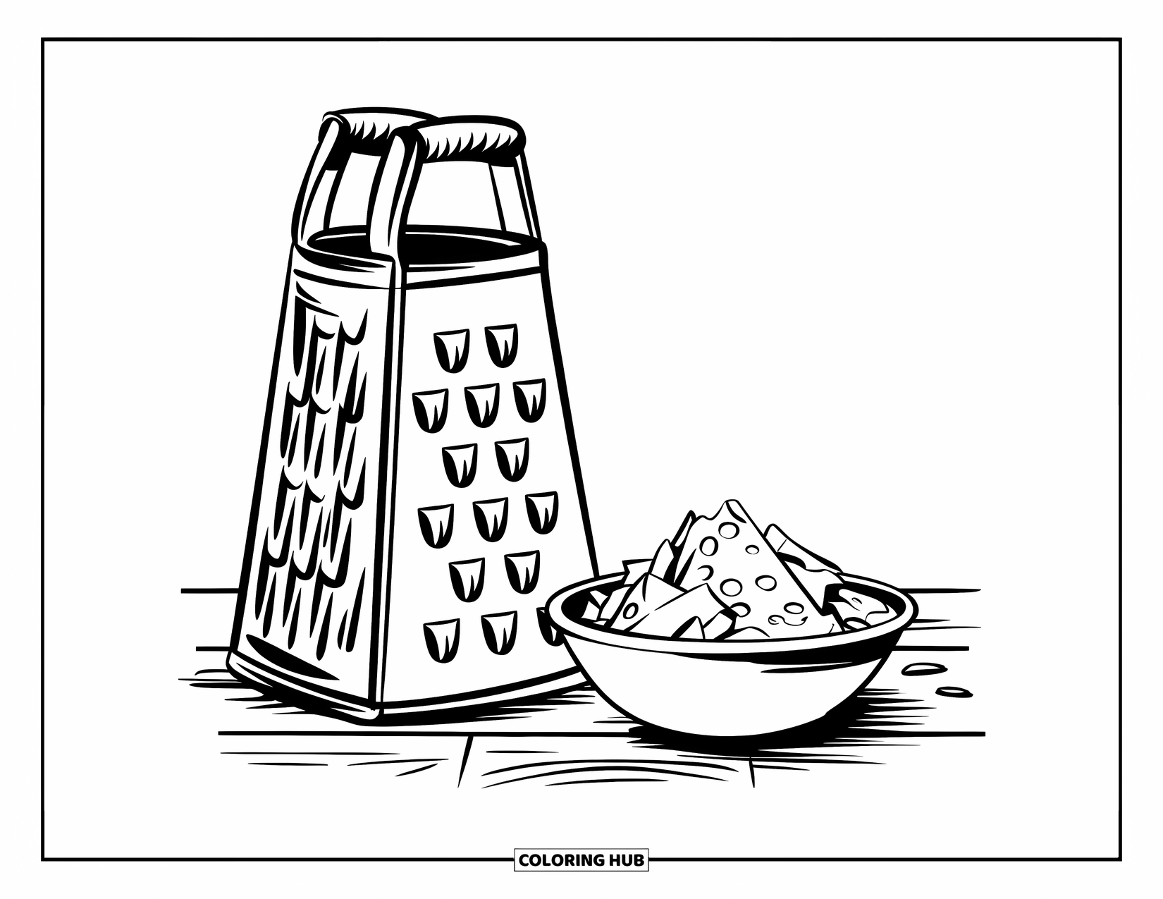 Kaas Kleurplaat voor Kinderen: Een kaasrasp op een houten oppervlak met een kom geraspte kaas