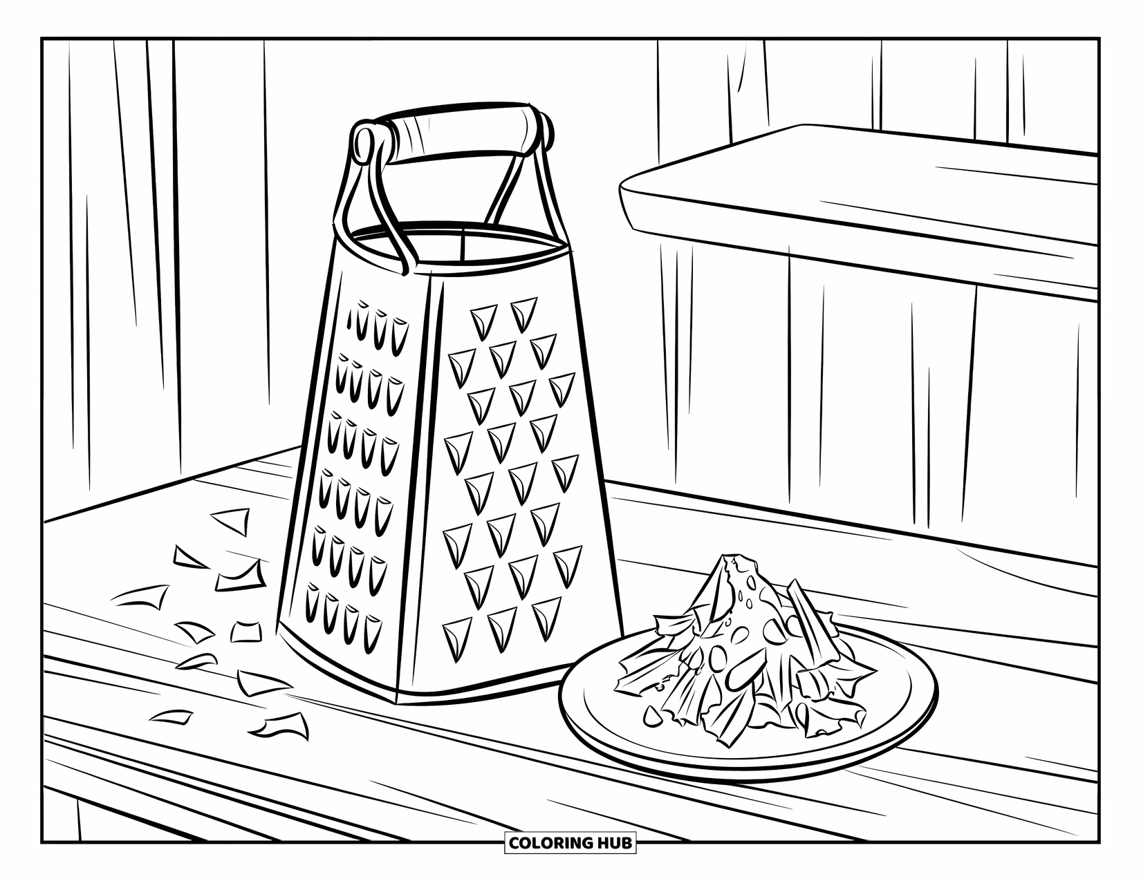 Kaas Kleurplaat voor Kinderen: Een kaasrasp met geraspte kaas op een bord, klaar om te strooien