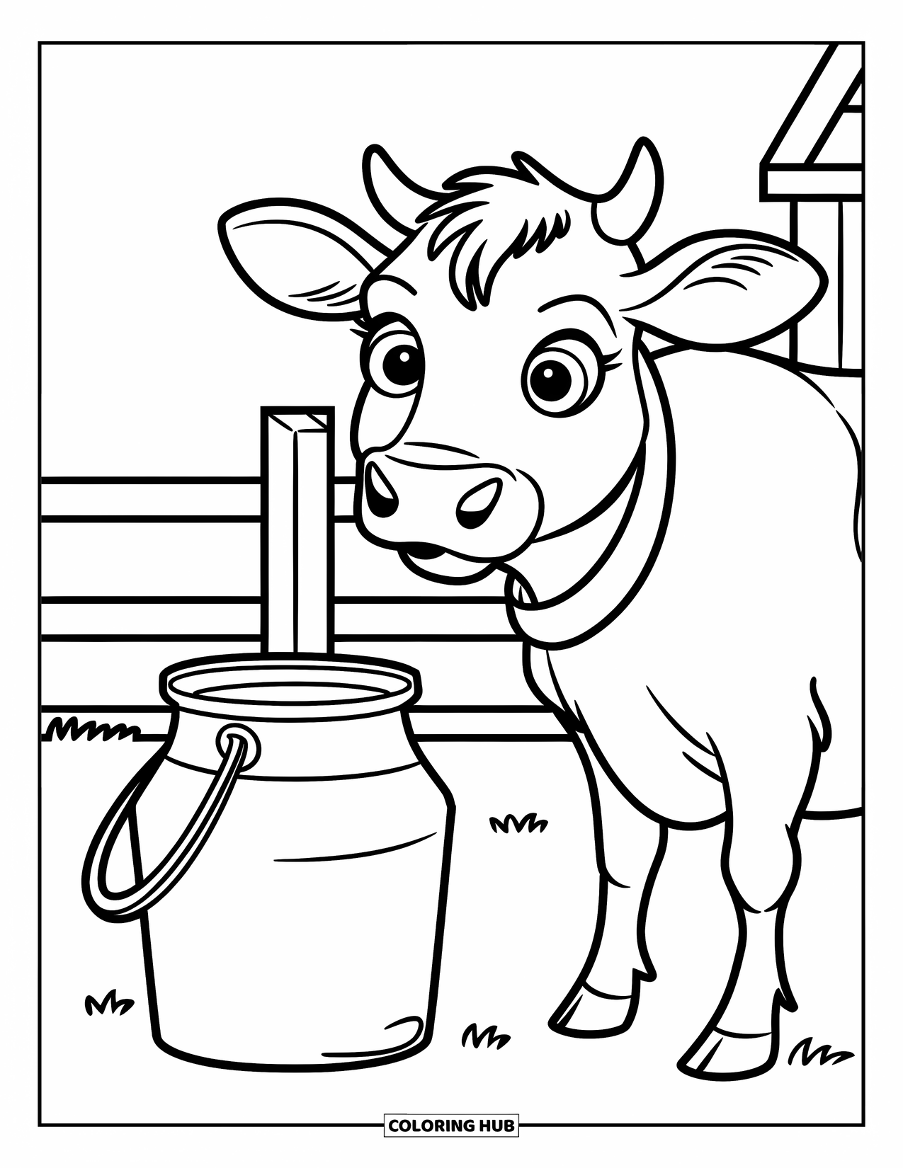 Kaas Kleurplaat voor Kinderen: Een koe met een melkemmer op een boerenerf, staand bij een rode schuur