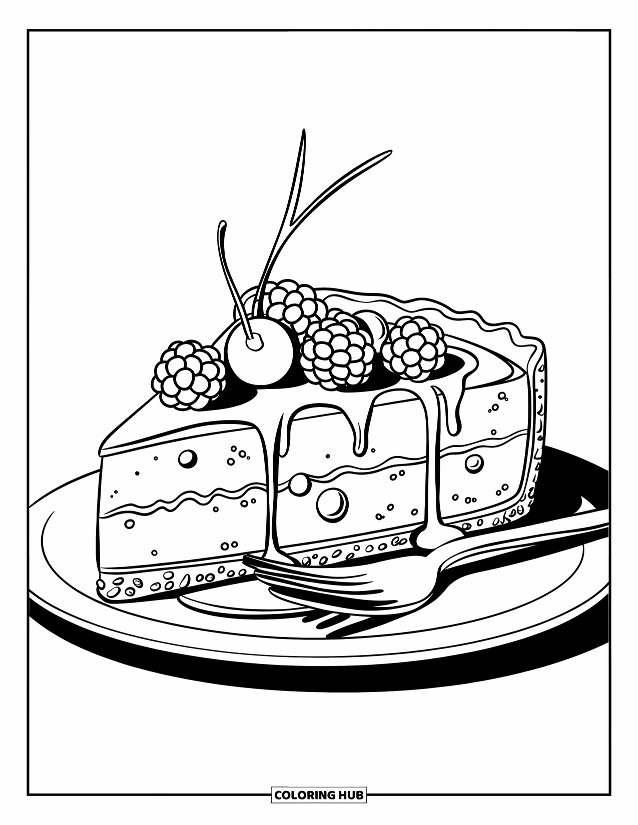 Kaas Kleurplaat voor Kinderen: Een romige cheesecake punt, gegarneerd met bessen en besprenkeld met siroop