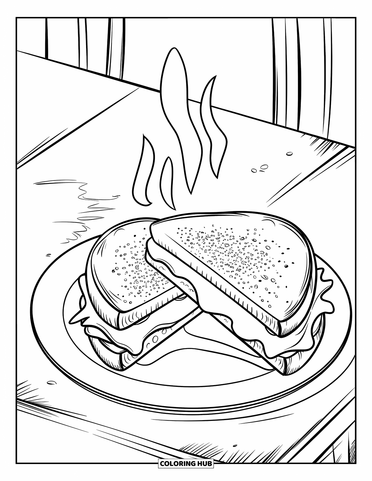 Kaas Kleurplaat voor Kinderen: Een knapperige gegrilde kaas sandwich met een snufje peper erop