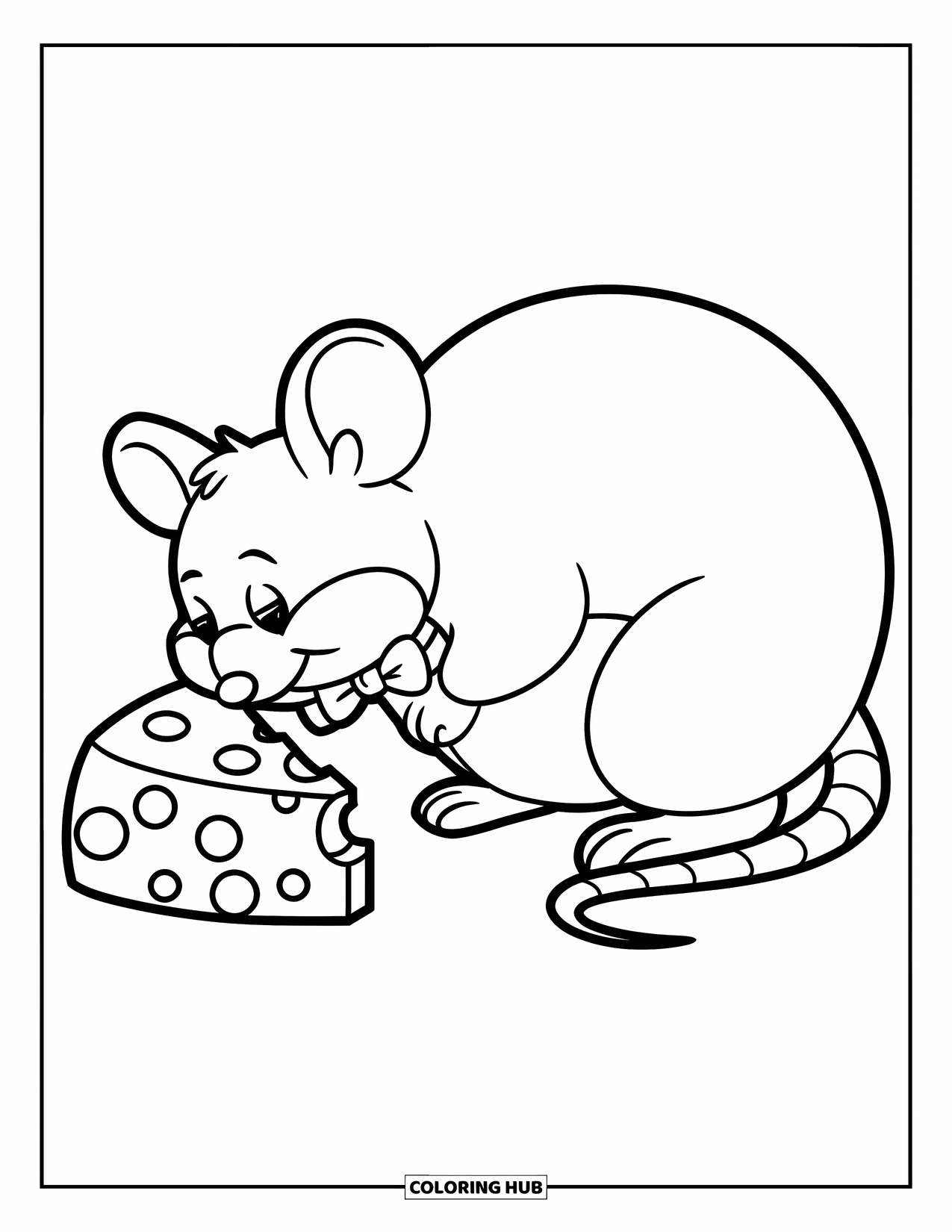 Kaas Kleurplaat voor Kinderen: Een nieuwsgierige muis met grote ogen die aan een heerlijk stuk kaas snuffelt