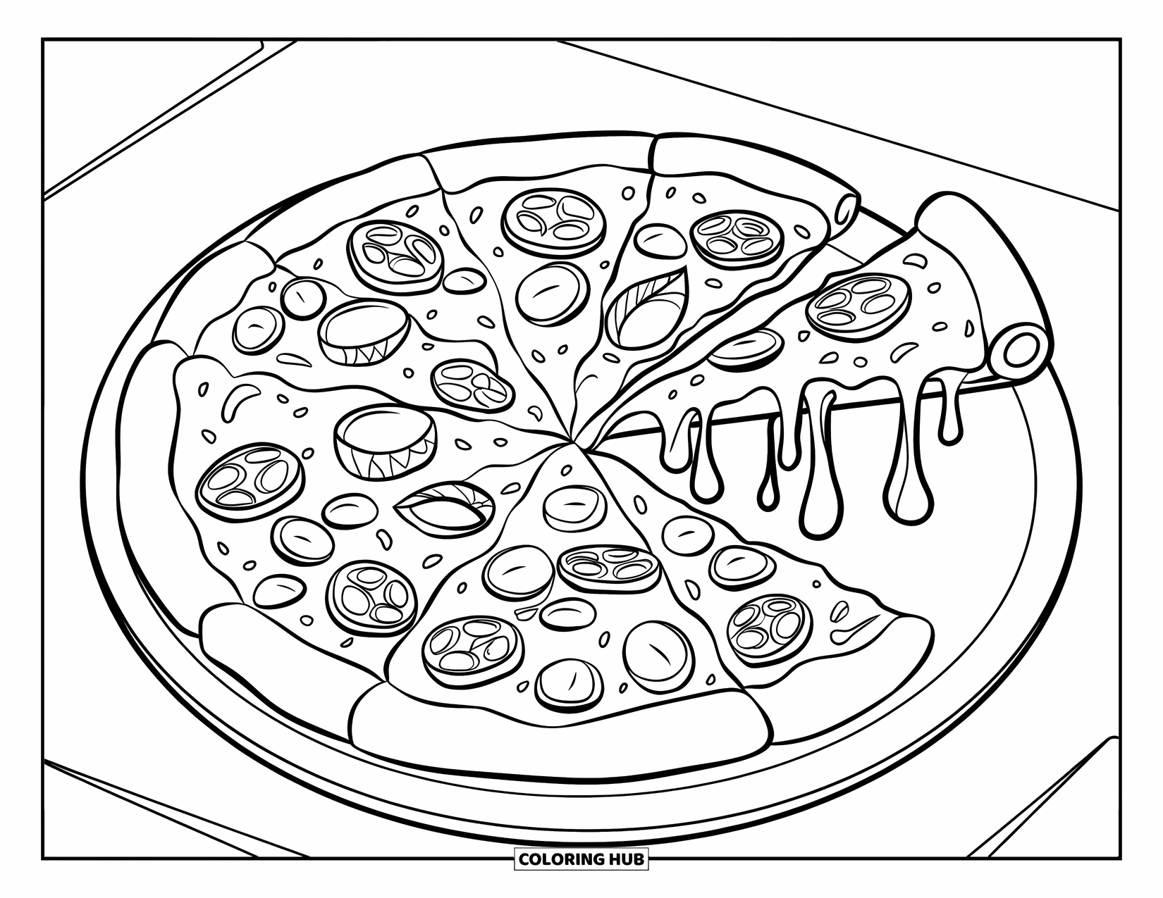 Kaas Kleurplaat voor Kinderen: Een heerlijke pizza met gesmolten kaas en toppings, in plakken gesneden en op een wit bord geplaatst