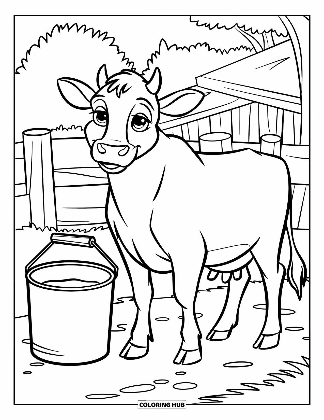 Kaas Kleurplaat voor Kinderen: Een vriendelijke koe die naast een melkemmer staat op een melkveebedrijf