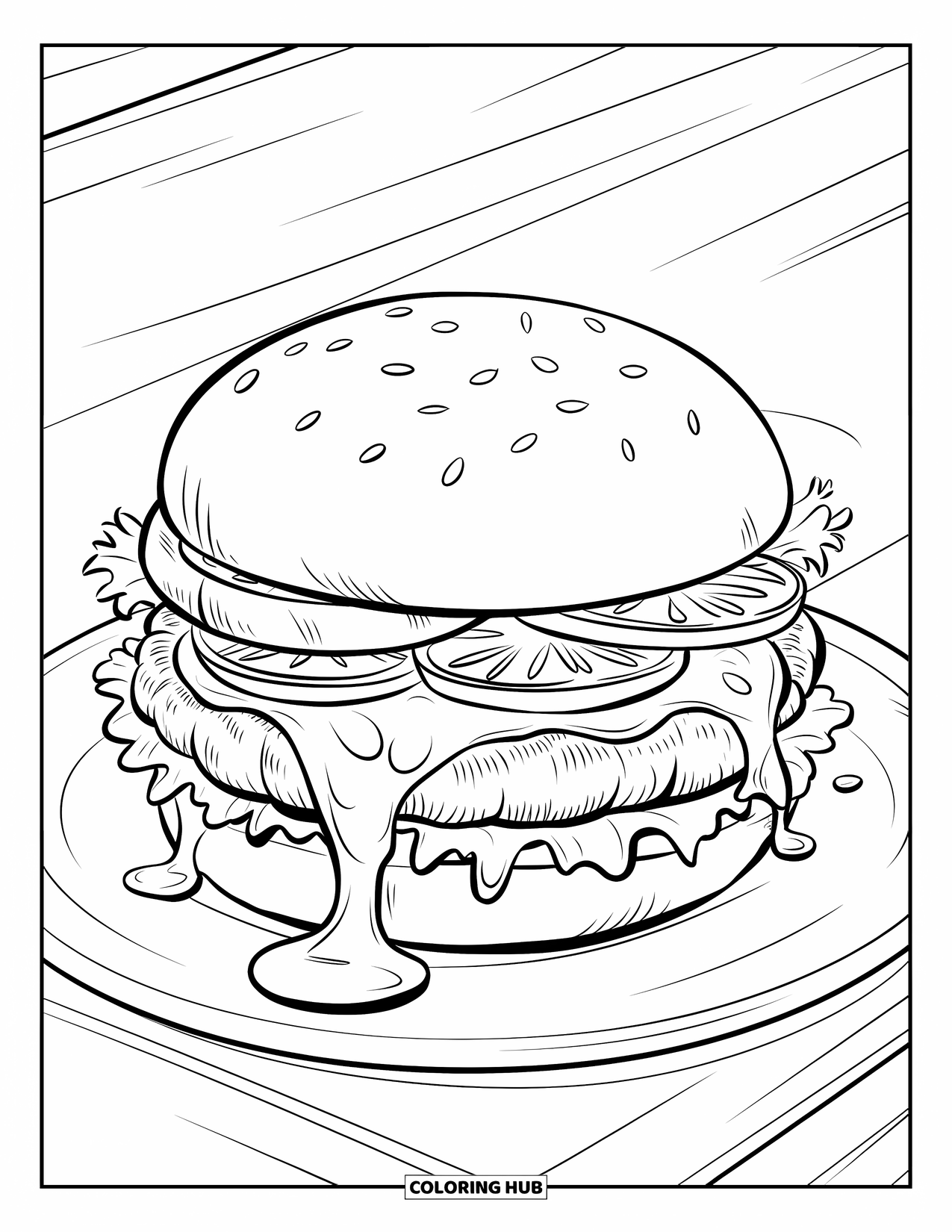 Kaas Kleurplaat voor Kinderen: Een gegrilde cheeseburger met verse toppings, geserveerd met een portie friet