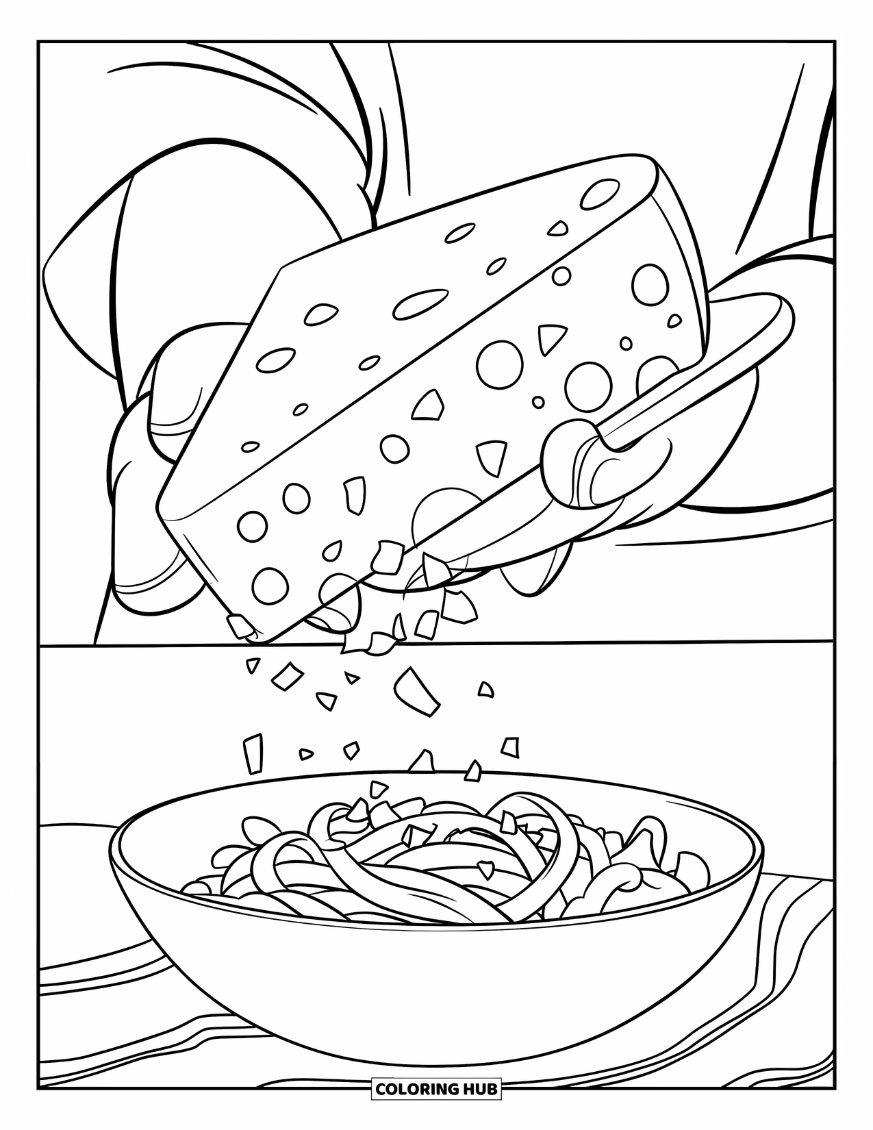 Kaas Kleurplaat voor Kinderen: Een hand die een Parmezaanse kaas raspt over een bord pasta
