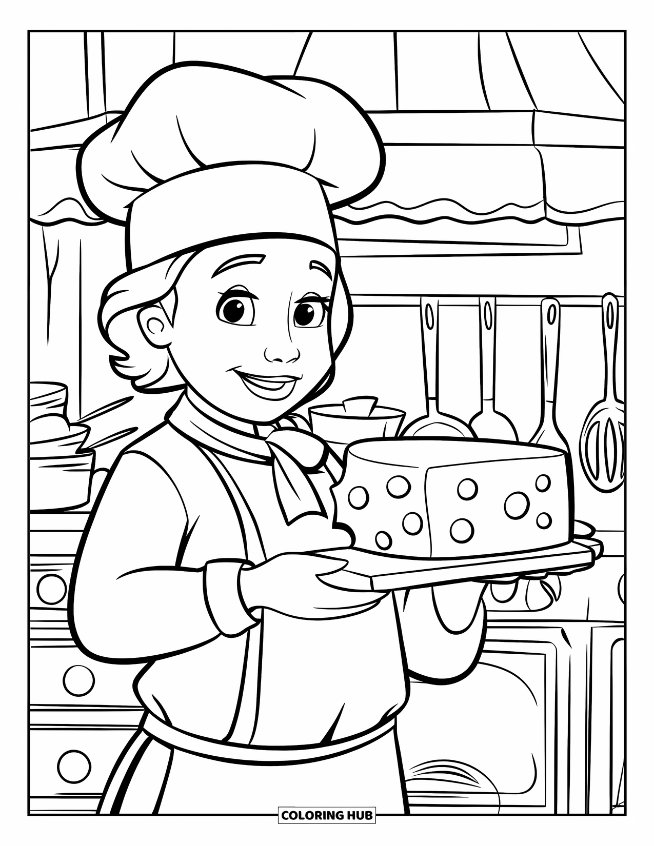 Kaas Kleurplaat voor Kinderen: Een vrolijke kok die een stuk kaas presenteert in een gezellige keuken