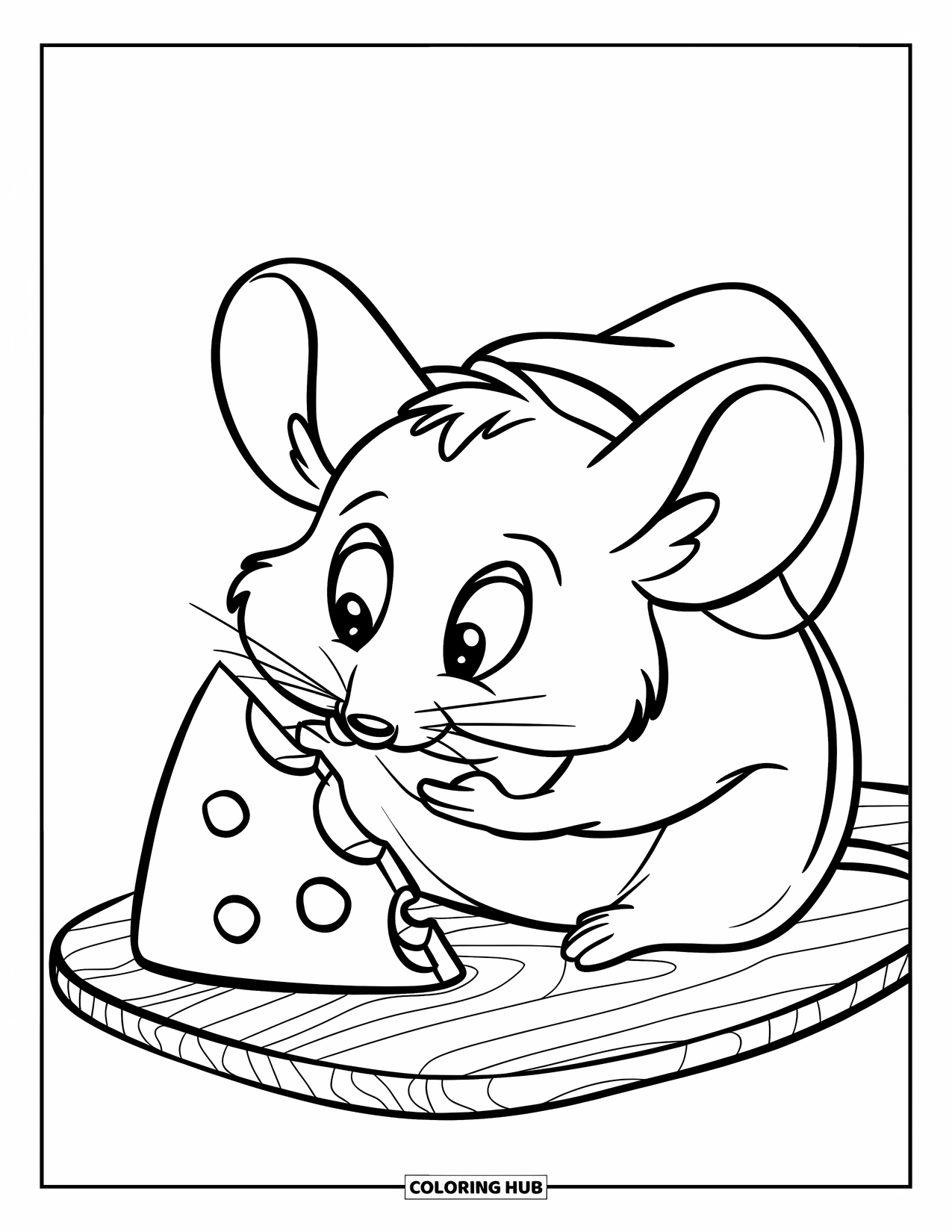 Kaas Kleurplaat voor Kinderen: Een vrolijke kleine muis die een driehoekig stuk kaas bewondert