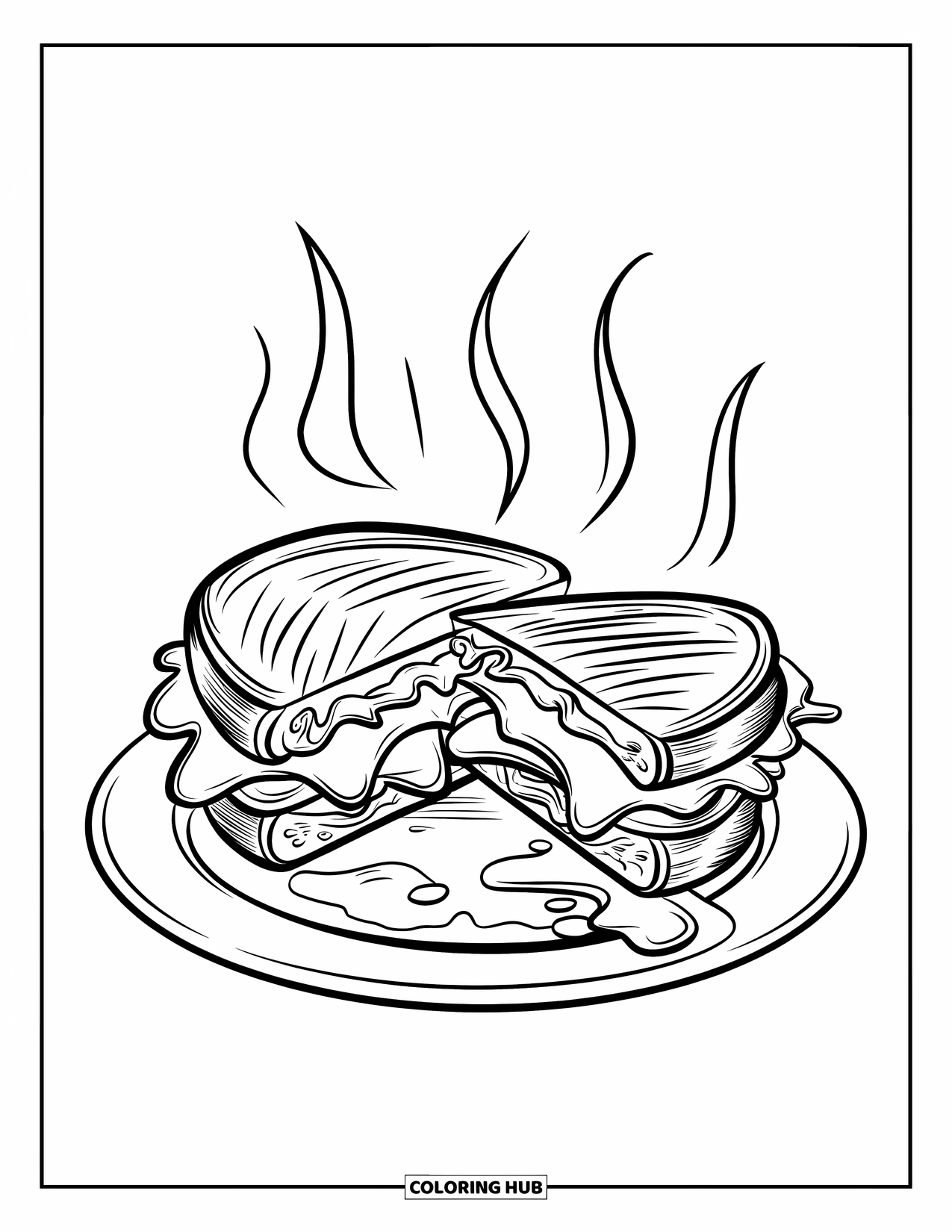 Kaas Kleurplaat voor Kinderen: Een warme gegrilde kaas sandwich met gesmolten kaas die tussen de sneetjes uitrekt