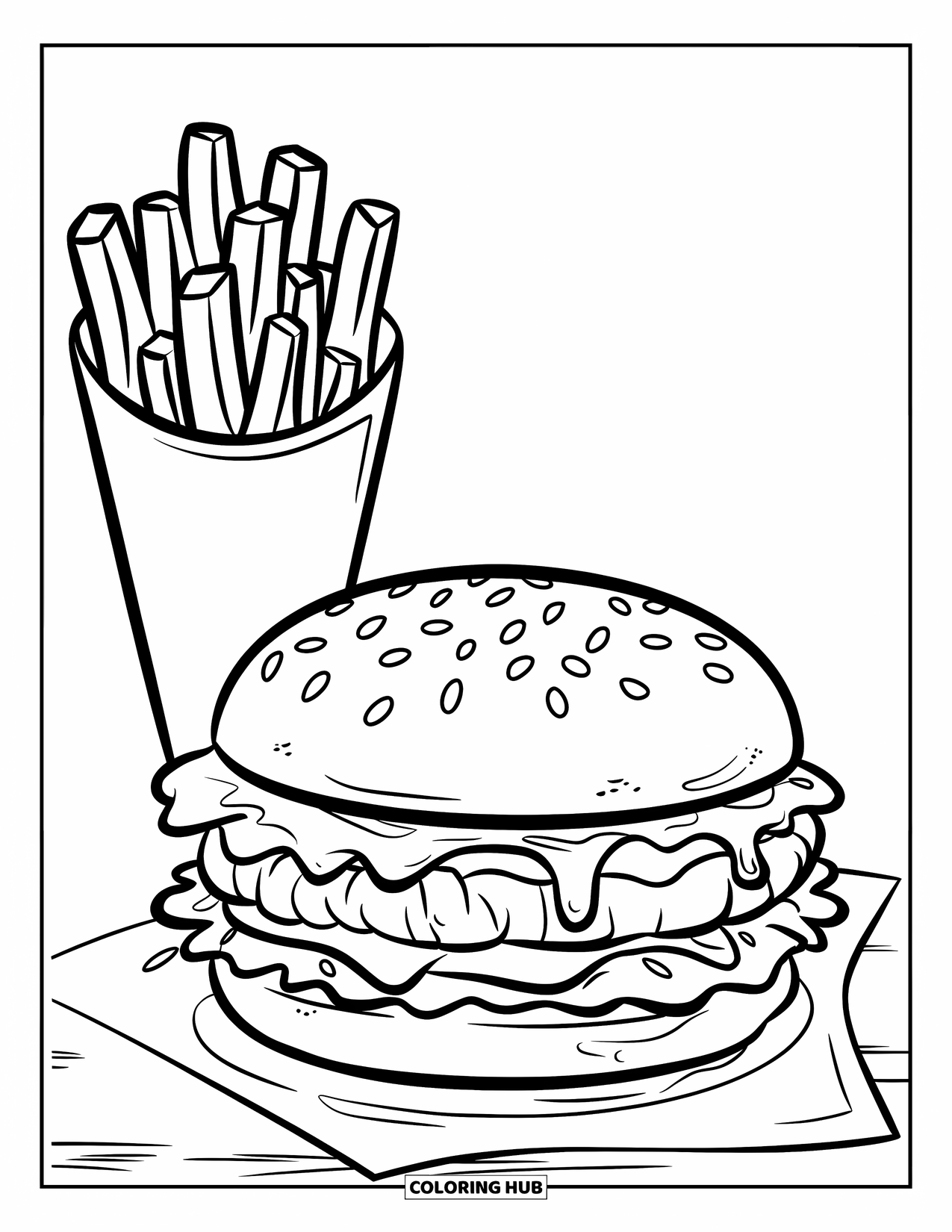 Kaas Kleurplaat voor Kinderen: Een sappige cheeseburger met gesmolten kaas die over de burger loopt