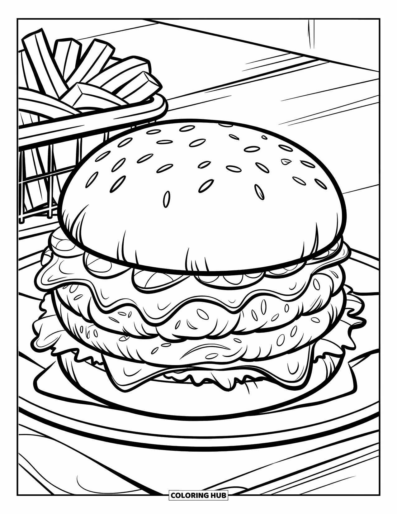 Kaas Kleurplaat voor Kinderen: Een medium-rare cheeseburger met gesmolten kaas, sla en tomaat