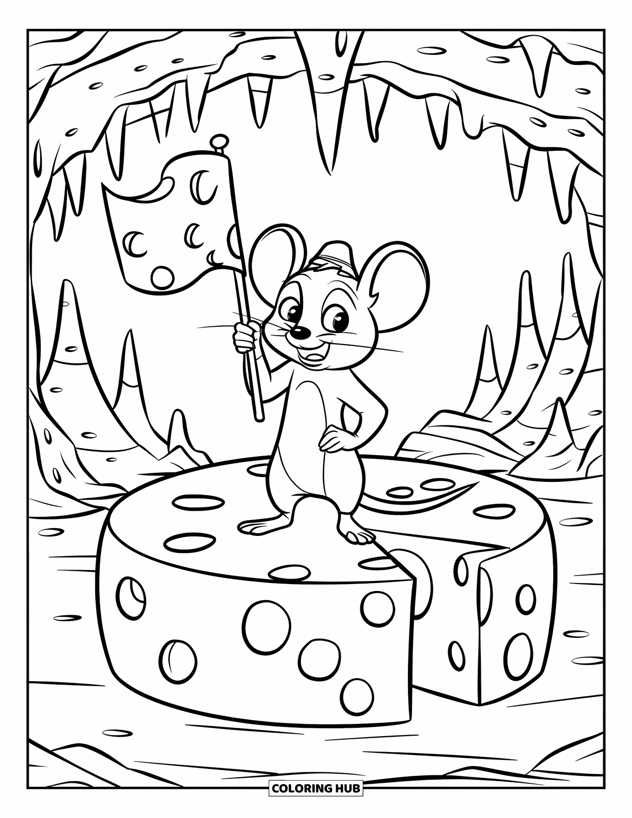 Kaas Kleurplaat voor Kinderen: Een muis op een kaaswiel met een verraste uitdrukking in een grotachtige omgeving
