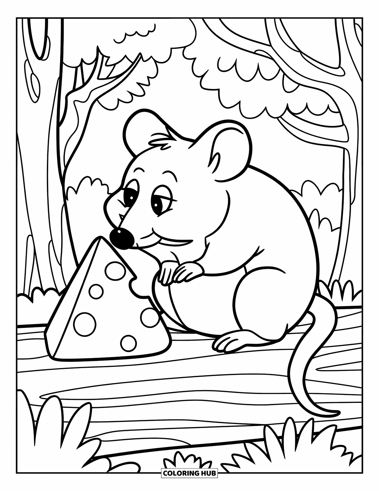 Kaas Kleurplaat voor Kinderen: Een muis die op een boomstam zit, snuffelend aan een stuk kaas in het bos