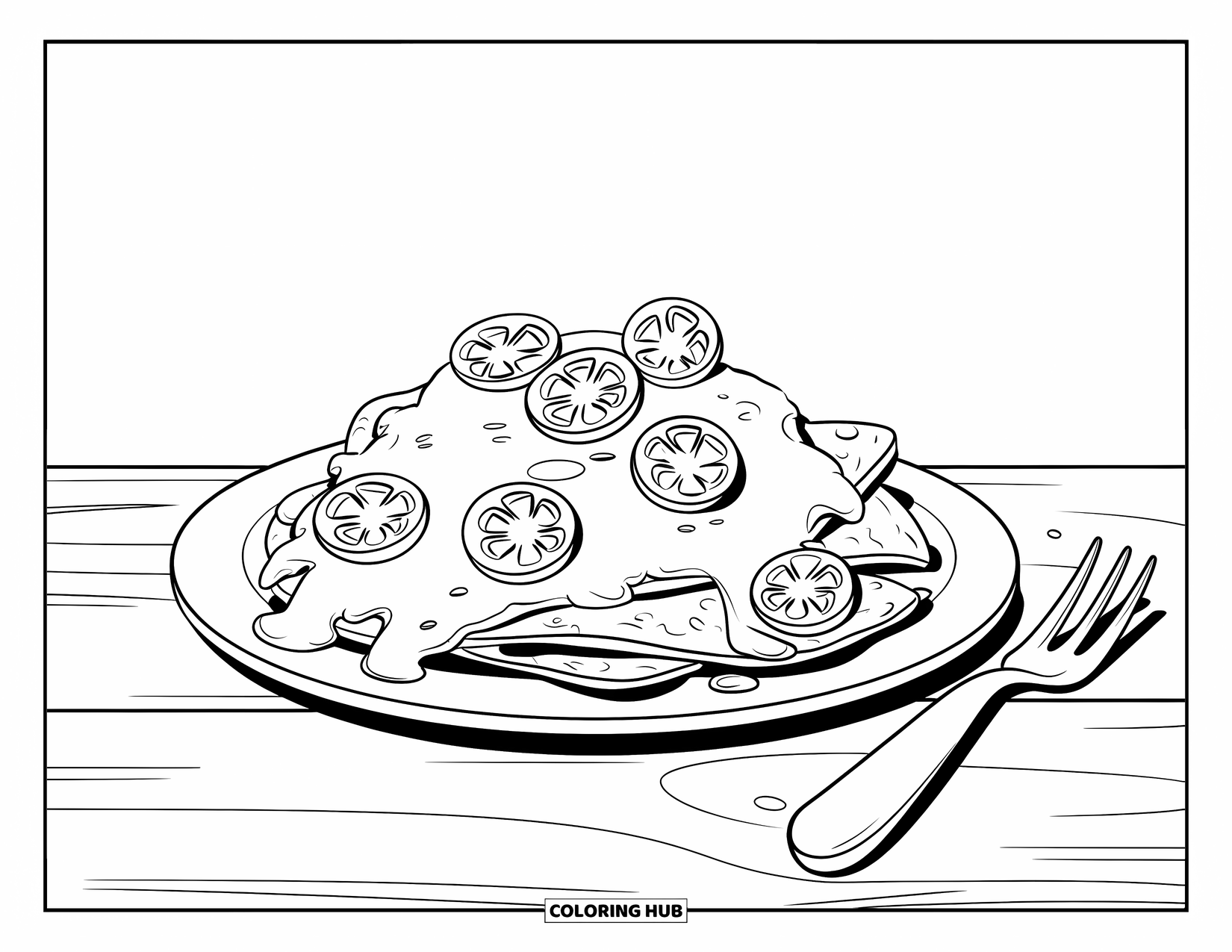 Kaas Kleurplaat voor Kinderen: Een nacho bord bedekt met gesmolten kaas en gegarneerd met jalapeños