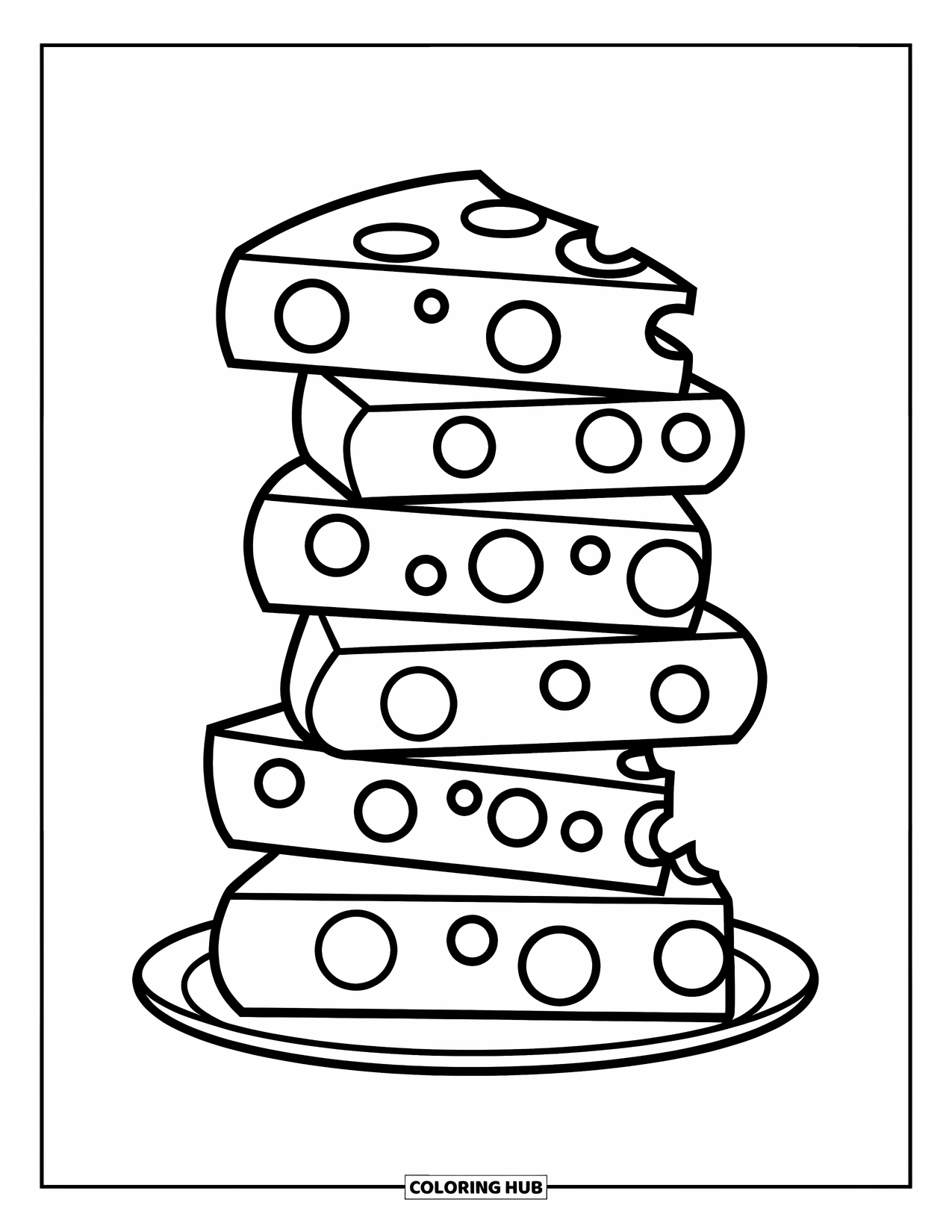 Kaas Kleurplaat voor Kinderen: Een nette stapel kaassneetjes op een wit bord, klaar om van te genieten