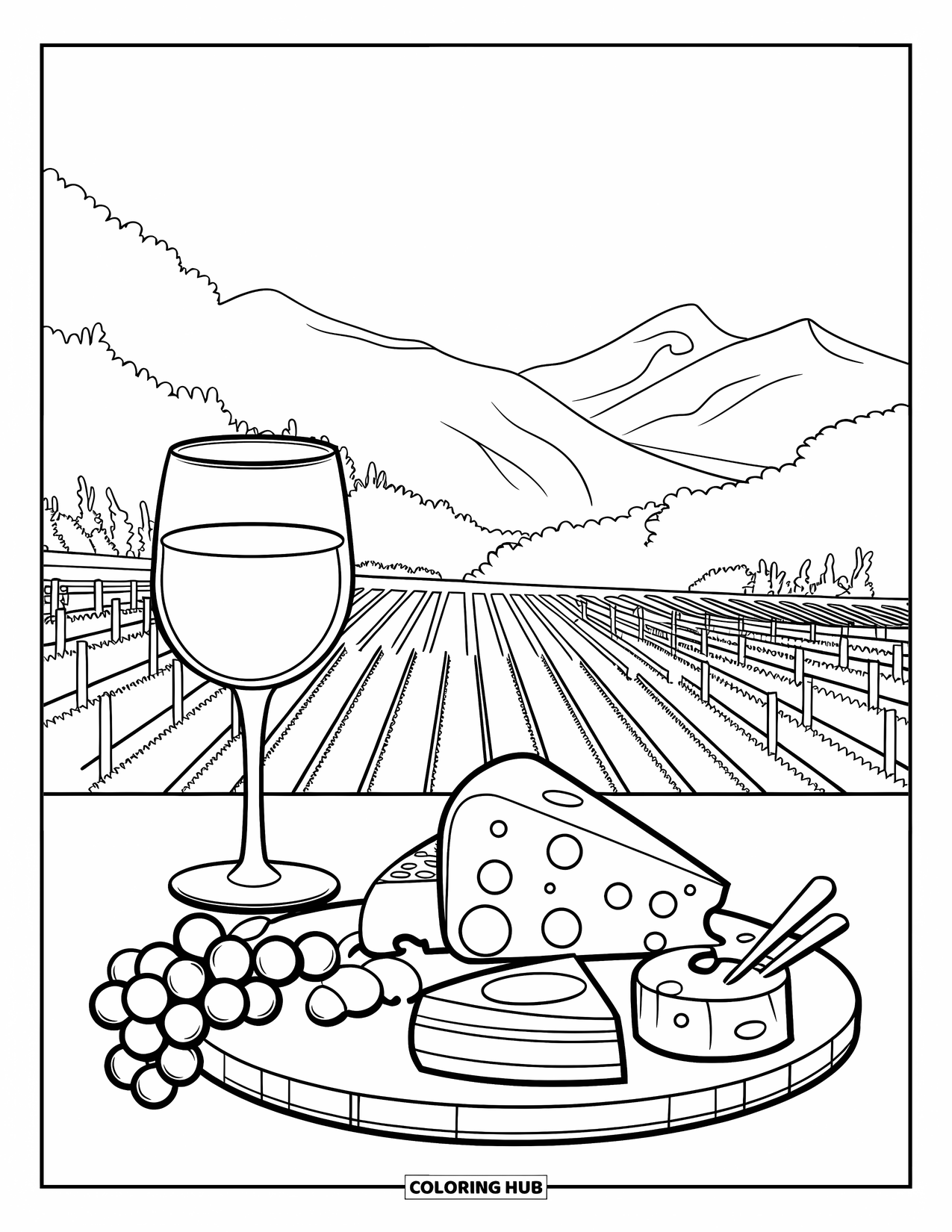 Kaas Kleurplaat voor Kinderen: Een pittoreske kaas- en wijnarrangement met een wijngaard-thema achtergrond