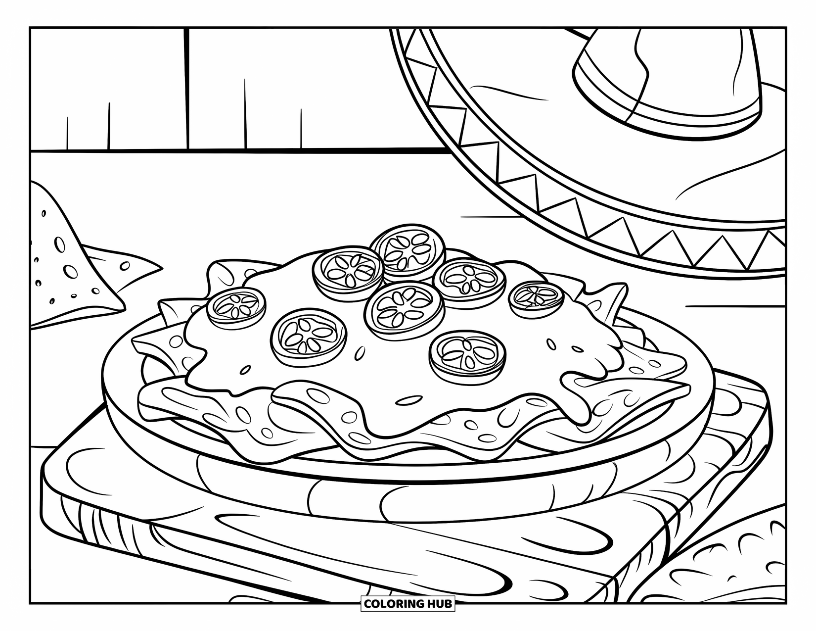 Kaas Kleurplaat voor Kinderen: Een bord nacho's met gesmolten kaas en jalapeños, op een feestelijke tafel