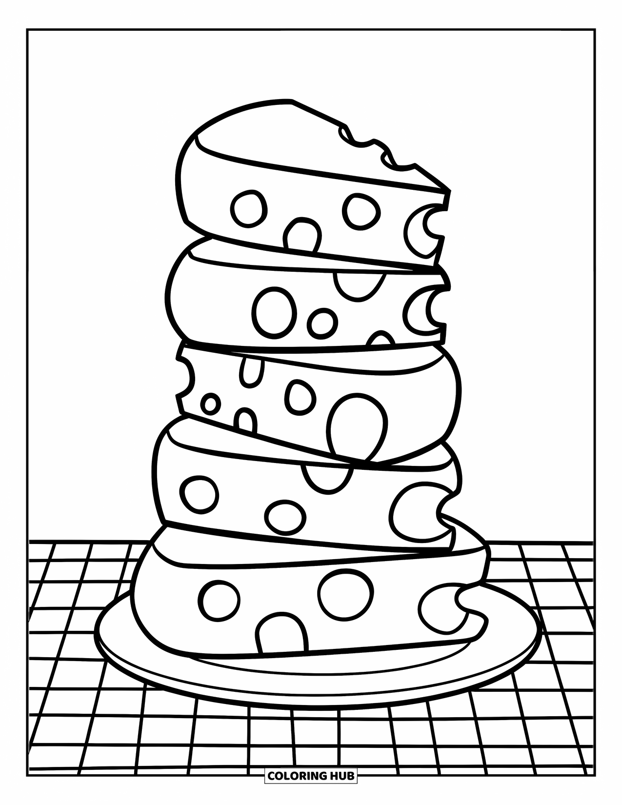 Kaas Kleurplaat voor Kinderen: Een bord met gestapelde kaassneetjes op een geruit tafelkleed