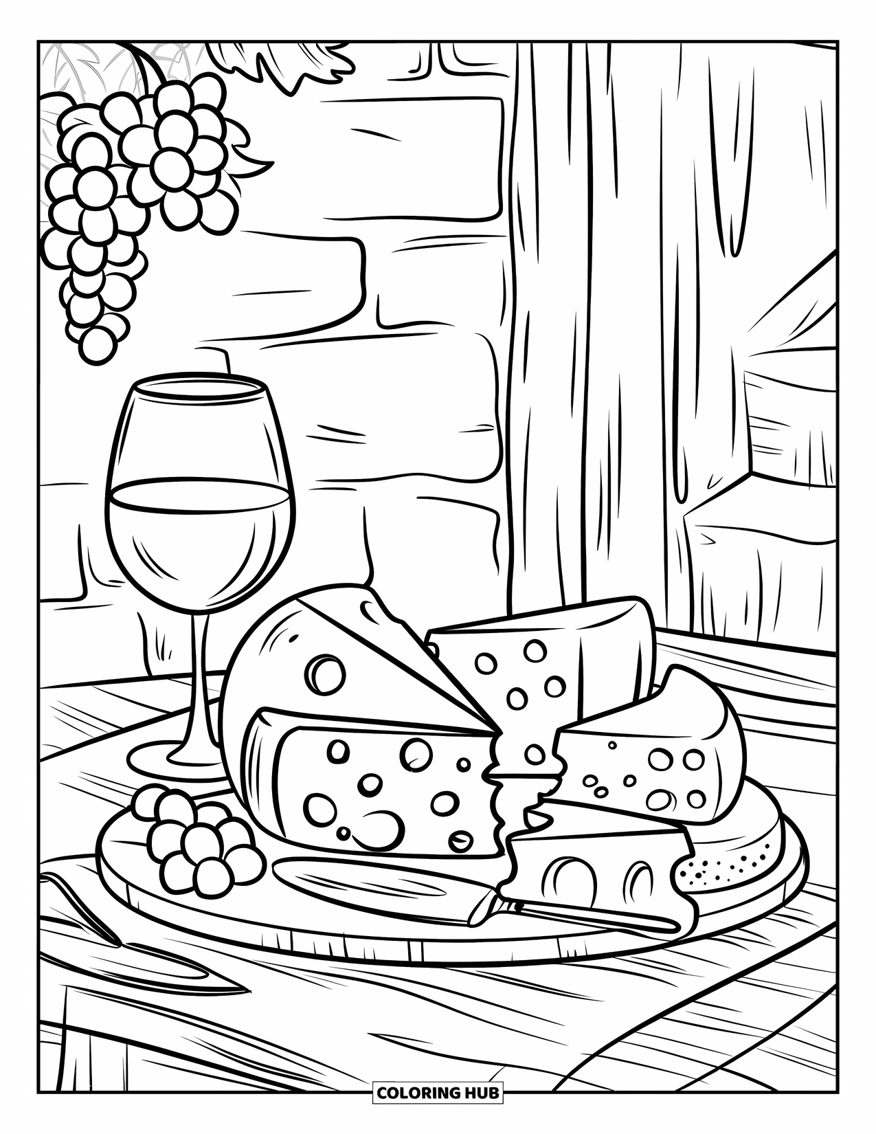Kaas Kleurplaat voor Kinderen: Een rustieke kaas- en wijnopstelling met een schaal met kazen, druiven en een mes