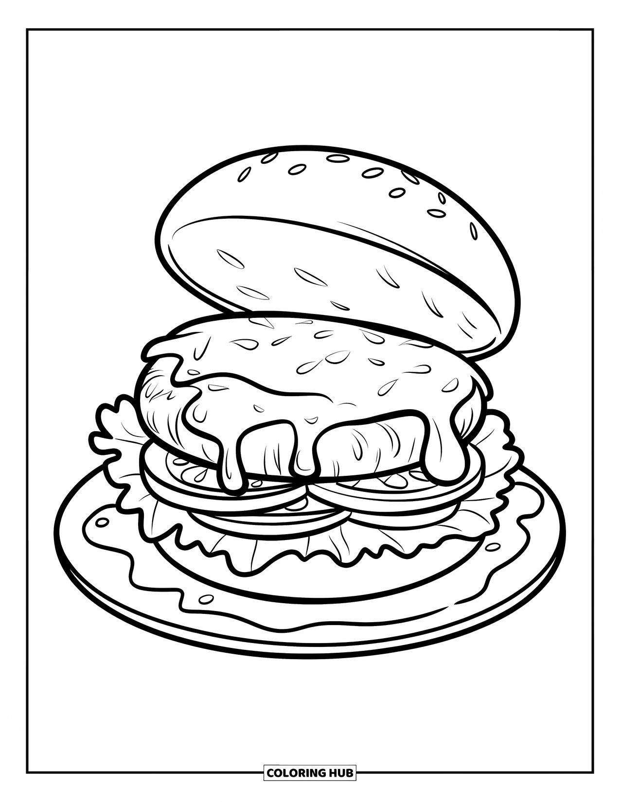 Kaas Kleurplaat voor Kinderen: Een sissende cheeseburger met gesmolten kaas en een geroosterd broodje op een schaal