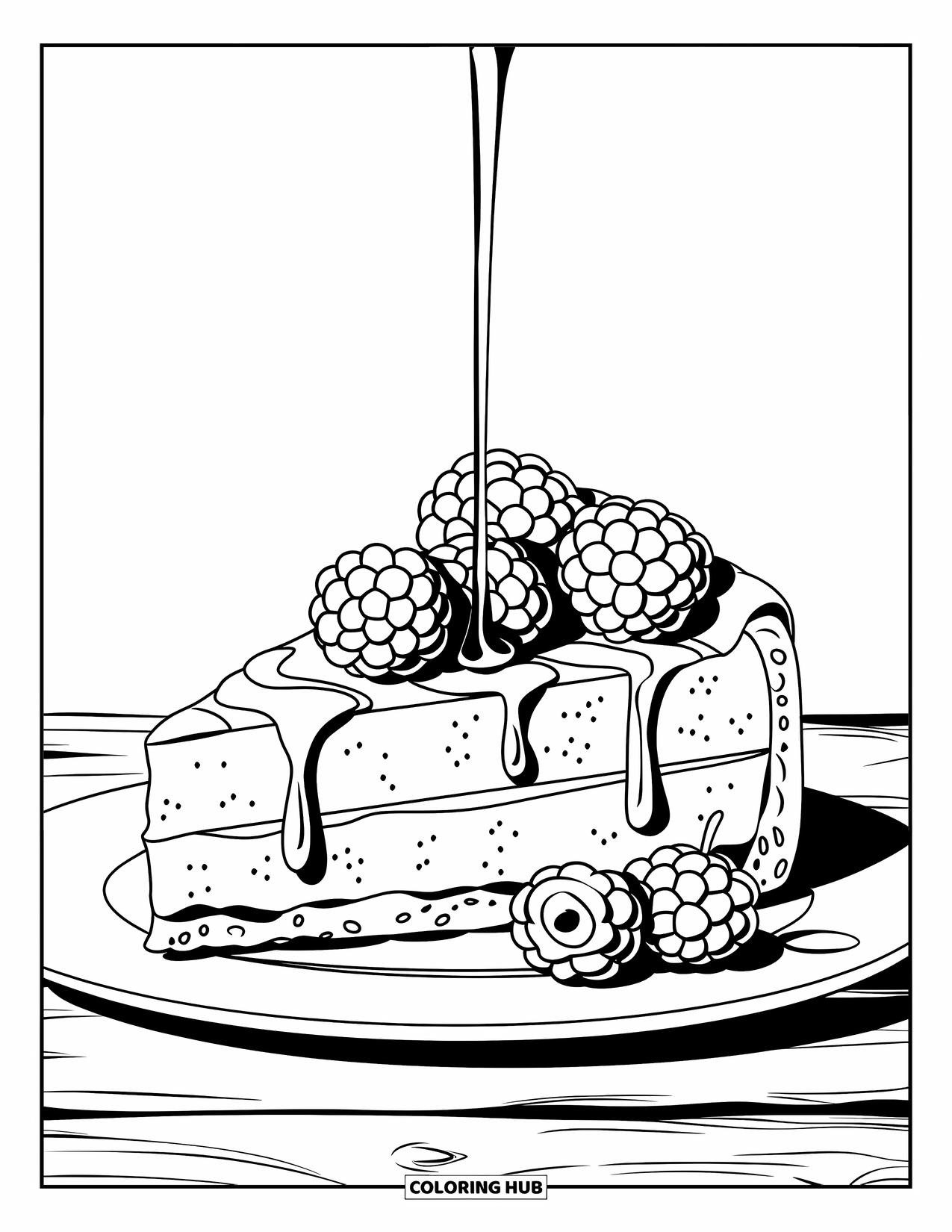 Kaas Kleurplaat voor Kinderen: Een stuk cheesecake met bessen en siroop, geserveerd op een wit bord
