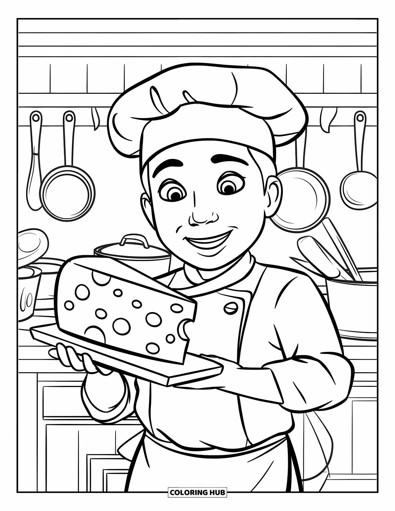 Kaas Kleurplaat voor Kinderen: Een lachende kok die een stuk kaas vasthoudt op een houten plank