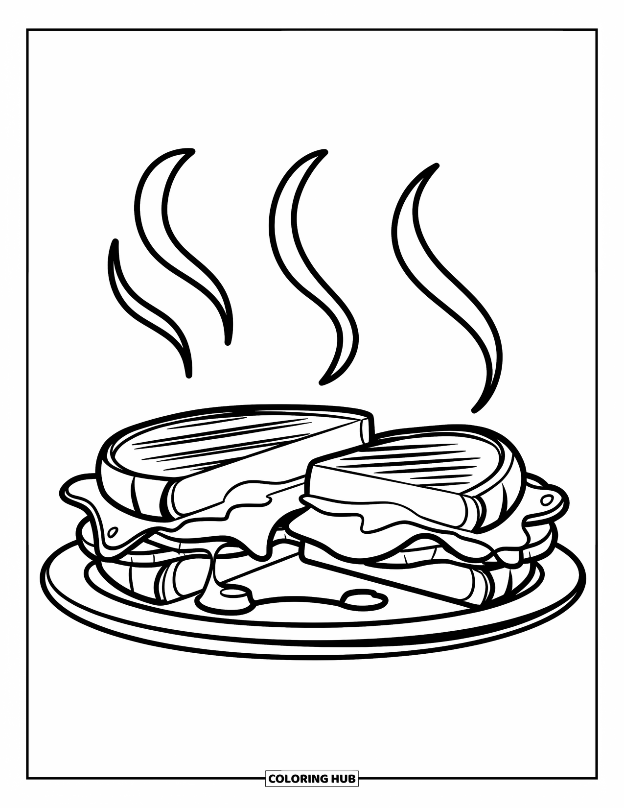 Kaas Kleurplaat voor Kinderen: Een stomende gegrilde kaas sandwich doormidden gesneden, met kleverige kaas die uitrekt
