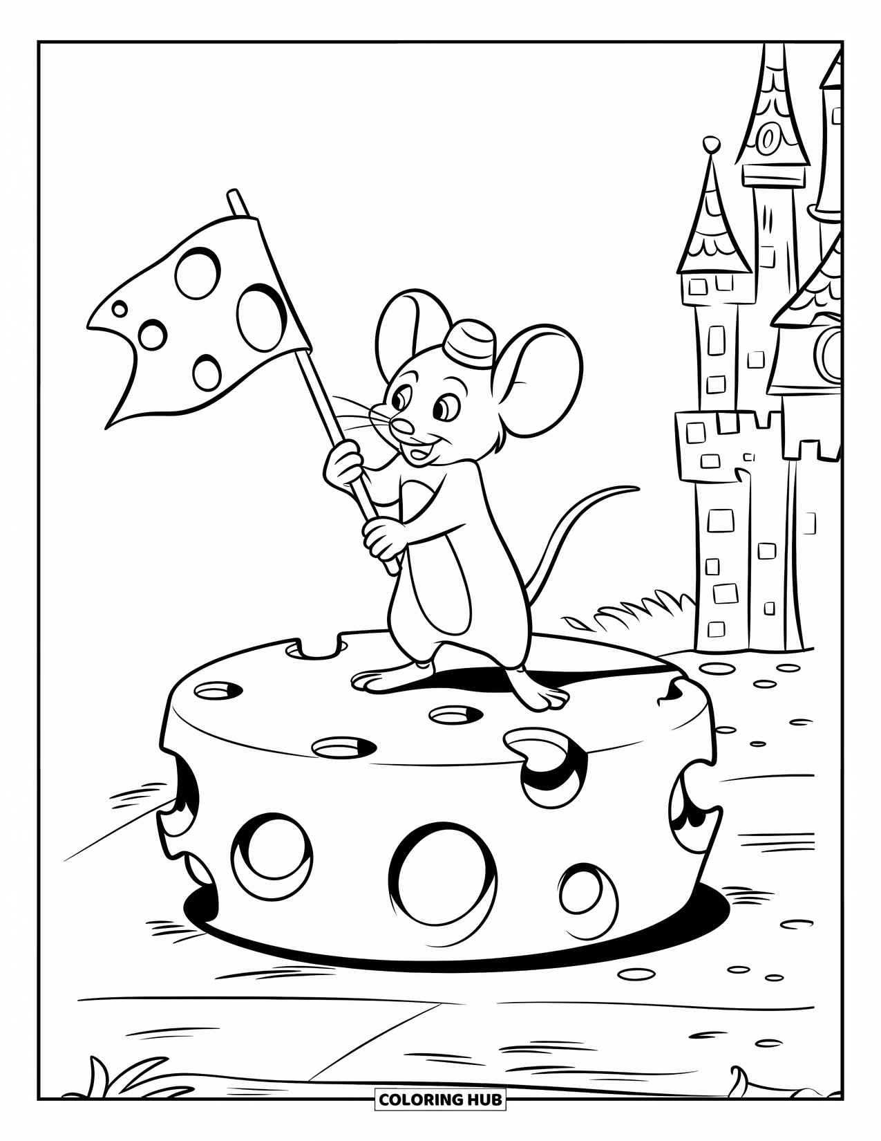 Kaas Kleurplaat voor Kinderen: Een klein muisje dat trots op een kaaswiel staat, met een kleine kaasvlag in zijn hand