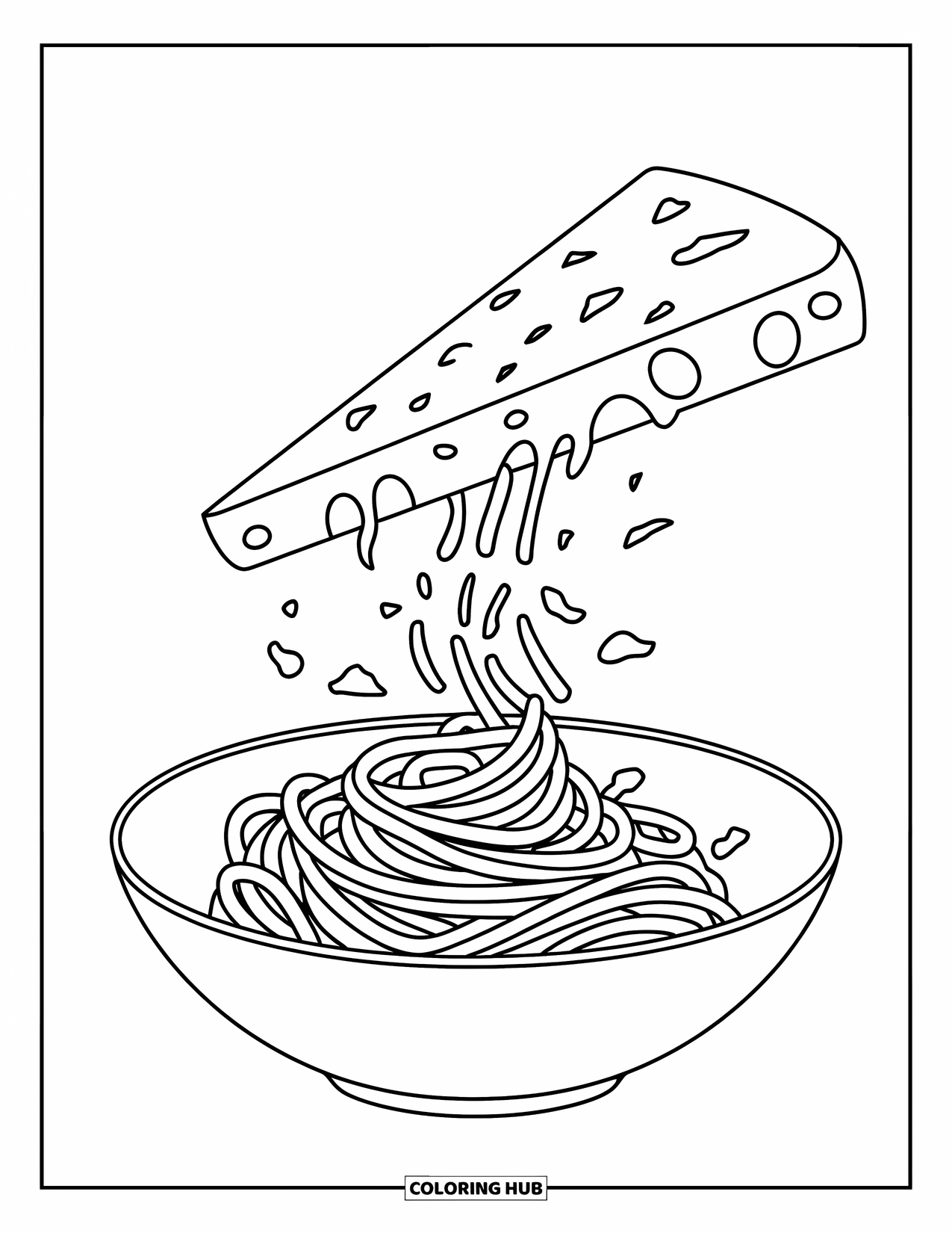 Kaas Kleurplaat voor Kinderen: Een stuk Parmezaanse kaas dat over een kom perfect gedraaide spaghetti wordt geraspt