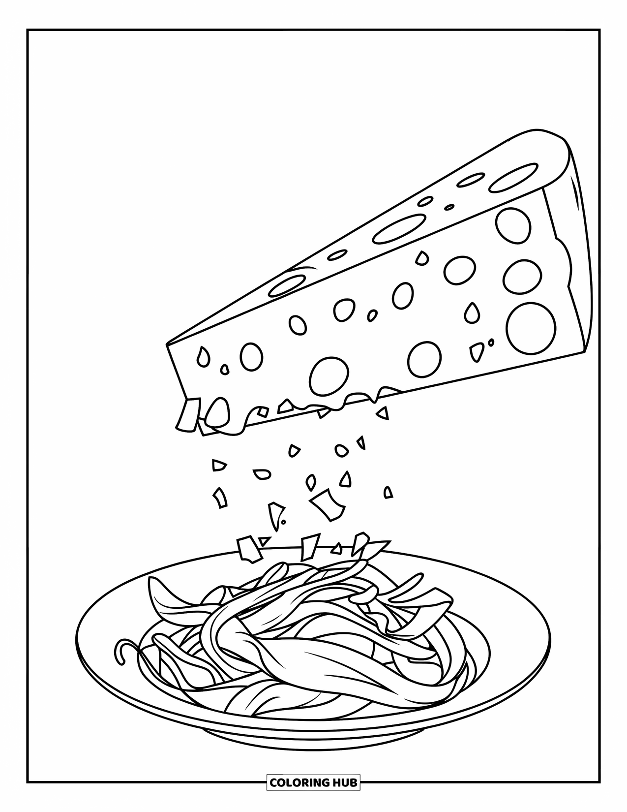 Kaas Kleurplaat voor Kinderen: Parmezaanse kaas die op een vers bord pasta wordt geraspt met kleine schaafsels zichtbaar