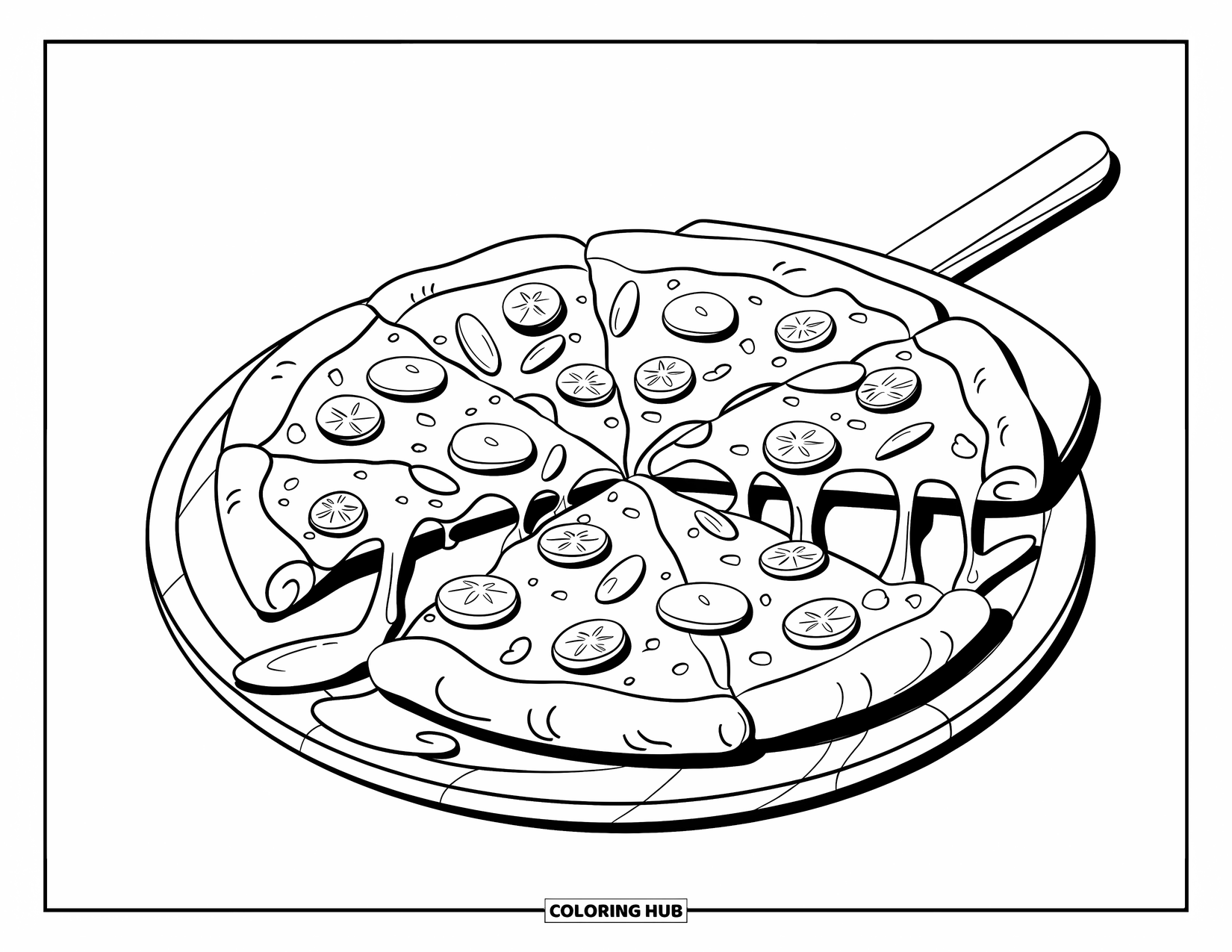 Kaas Kleurplaat voor Kinderen: De pizza is belegd met toppings en smeltende kaas, liggend op een houten schep