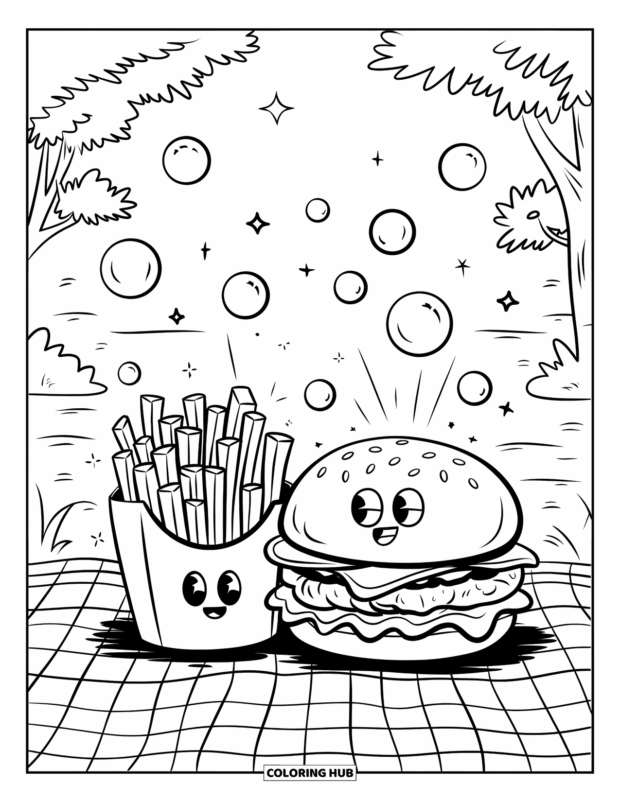 Desen de colorat cu cheeseburger pentru adulți: Un cheeseburger și cartofi prăjiți pe o pătură de picnic cu un fundal natural și decorațiuni jucăușe