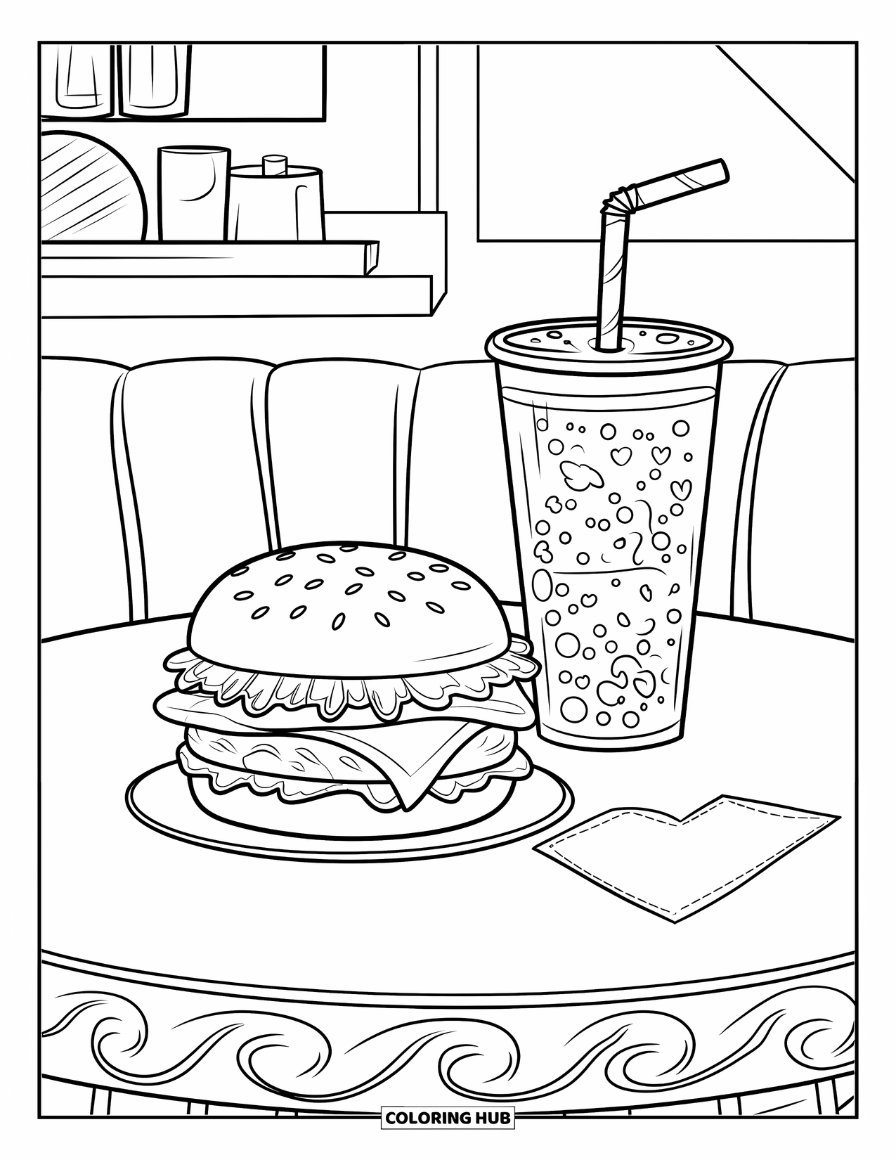 Desen de colorat cu cheeseburger pentru adulți: Un cheeseburger și o cupă de sifon pe o masă fermecătoare dintr-un restaurant cu un decor adorabil și confortabil