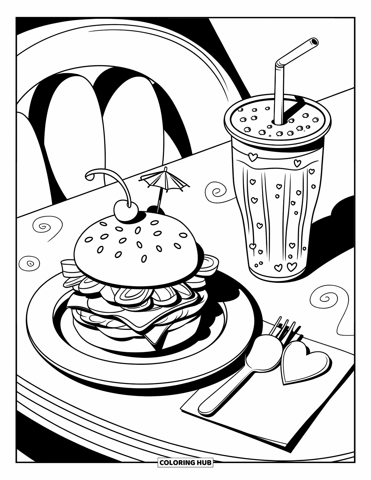 Desen de colorat cu cheeseburger pentru adulți: Un cheeseburger și o cupă de sifon pe o masă dintr-un restaurant cu desene ondulate și elemente mici și drăguțe