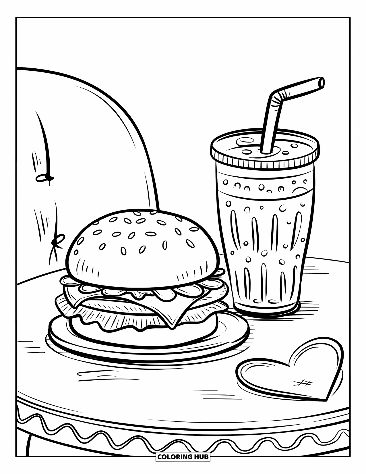 Desen de colorat cu cheeseburger pentru adulți: Un cheeseburger și o băutură răcoritoare la o întâlnire confortabilă într-un restaurant, complet cu un șervețel în formă de inimă