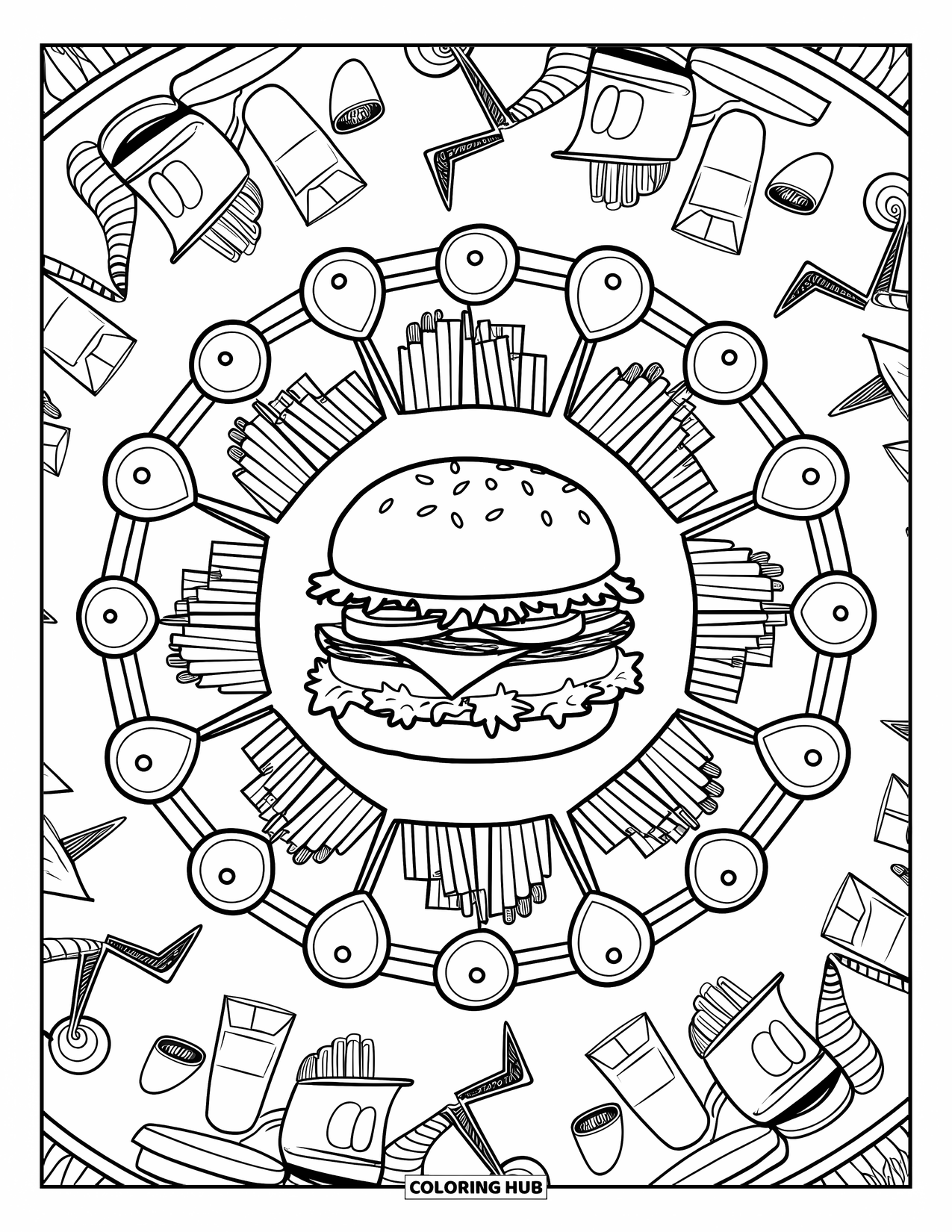 Desen de colorat cu cheeseburger pentru adulți: Un cheeseburger în centrul unei mandale, înconjurat de cartofi prăjiți și băuturi în cercuri decorative