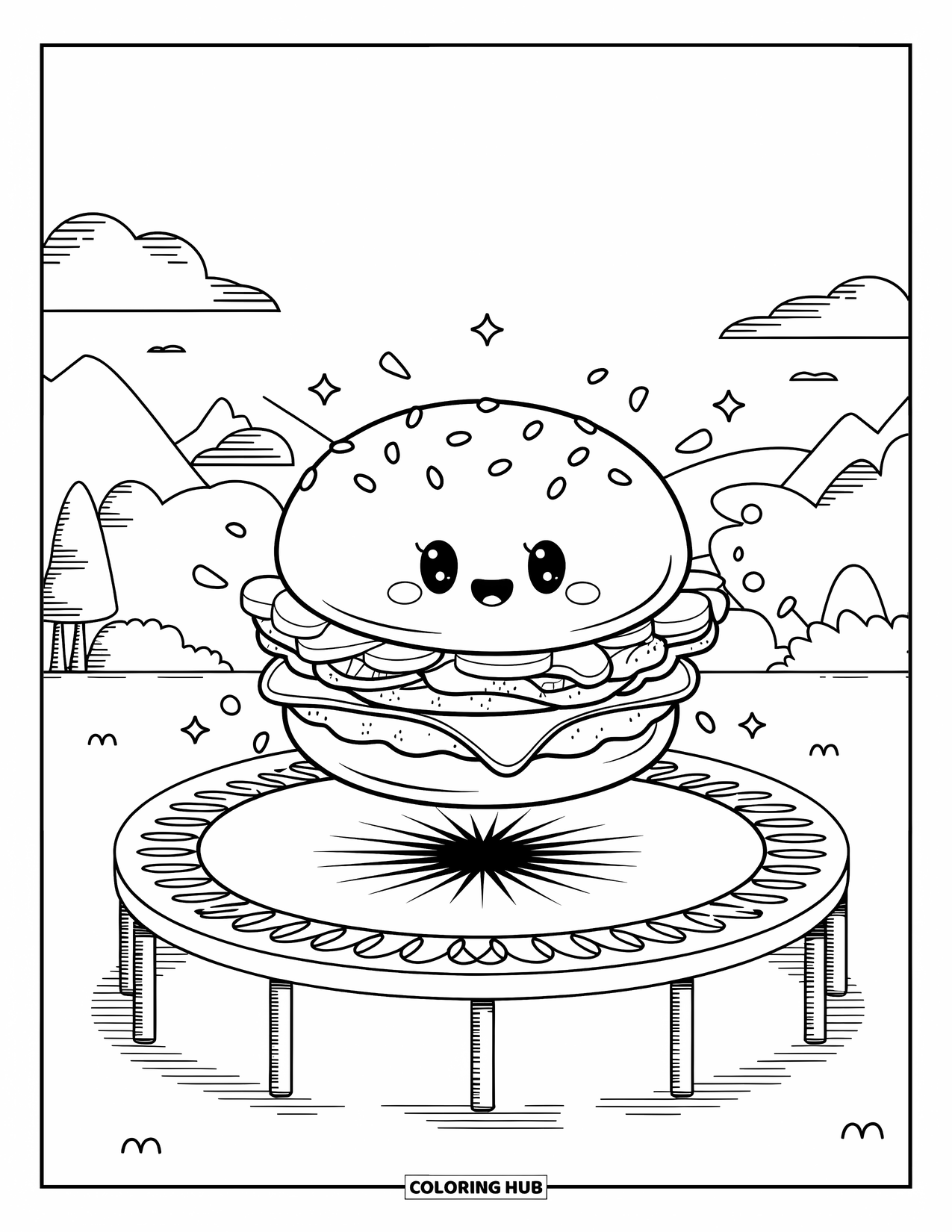 Desen de colorat cu cheeseburger pentru adulți: Un cheeseburger care sare fericit pe o trambulină cu cartofi prăjiți zburători și sclipici în jur