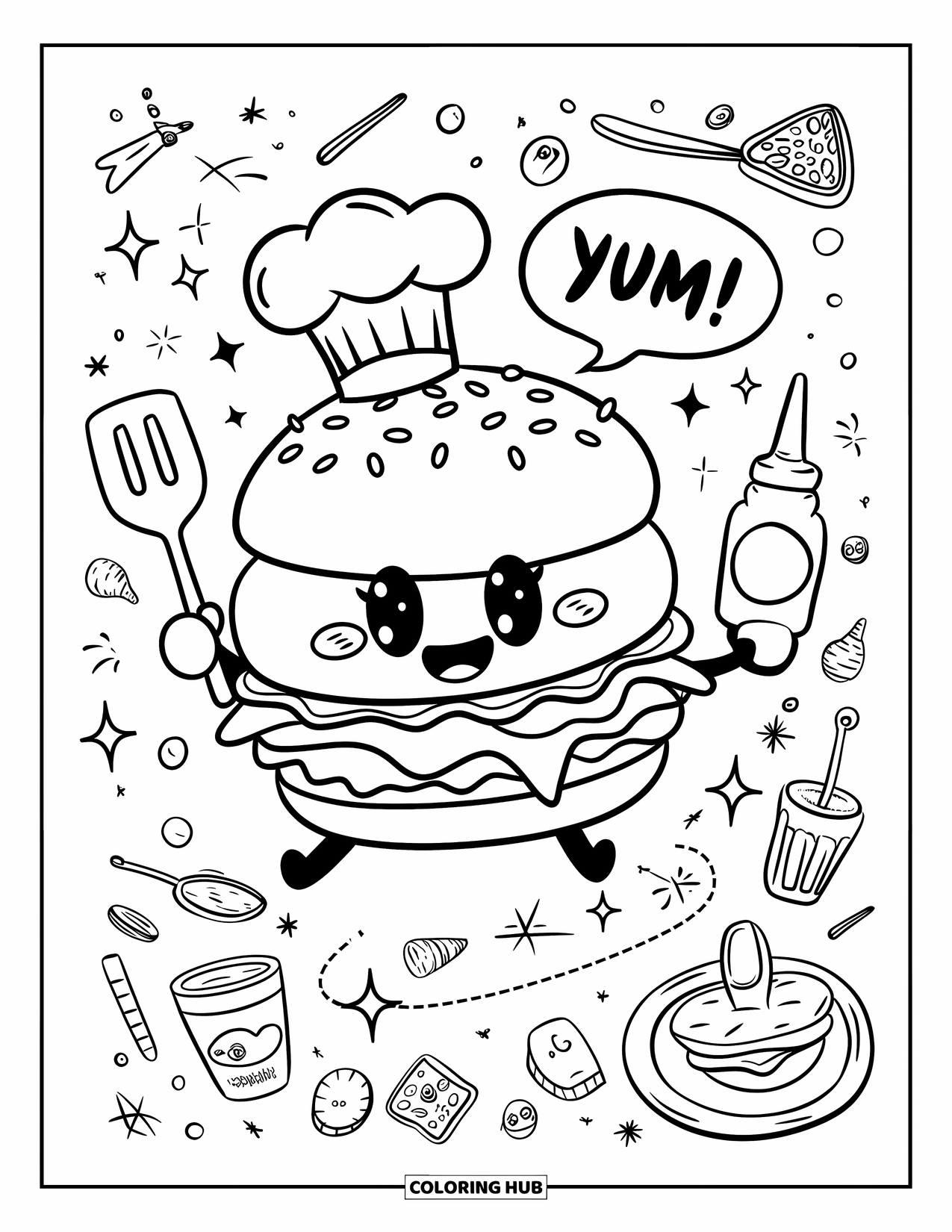 Desen de colorat cu cheeseburger pentru adulți: Un bucătar cheeseburger care face magie, înconjurat de sclipici și o bulă de vorbire plutitoare "Yum!"