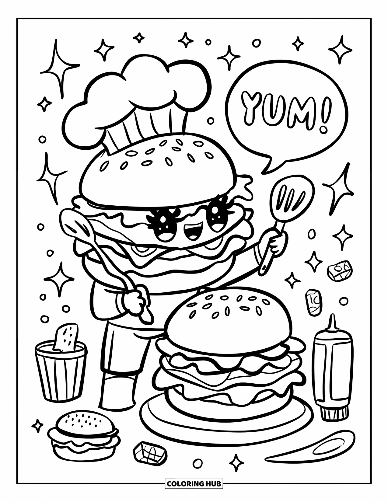 Desen de colorat cu cheeseburger pentru adulți: Un bucătar cheeseburger care pregătește un mini burger, înconjurat de sclipici și o bulă "Yum!"