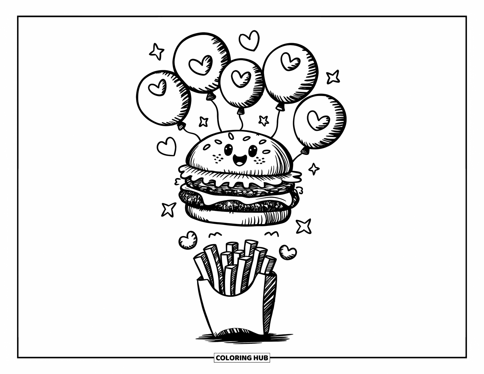 Desen de colorat cu cheeseburger pentru adulți: Un cheeseburger care plutește prin aer cu baloane, în timp ce cartofii prăjiți aplaudă de jos